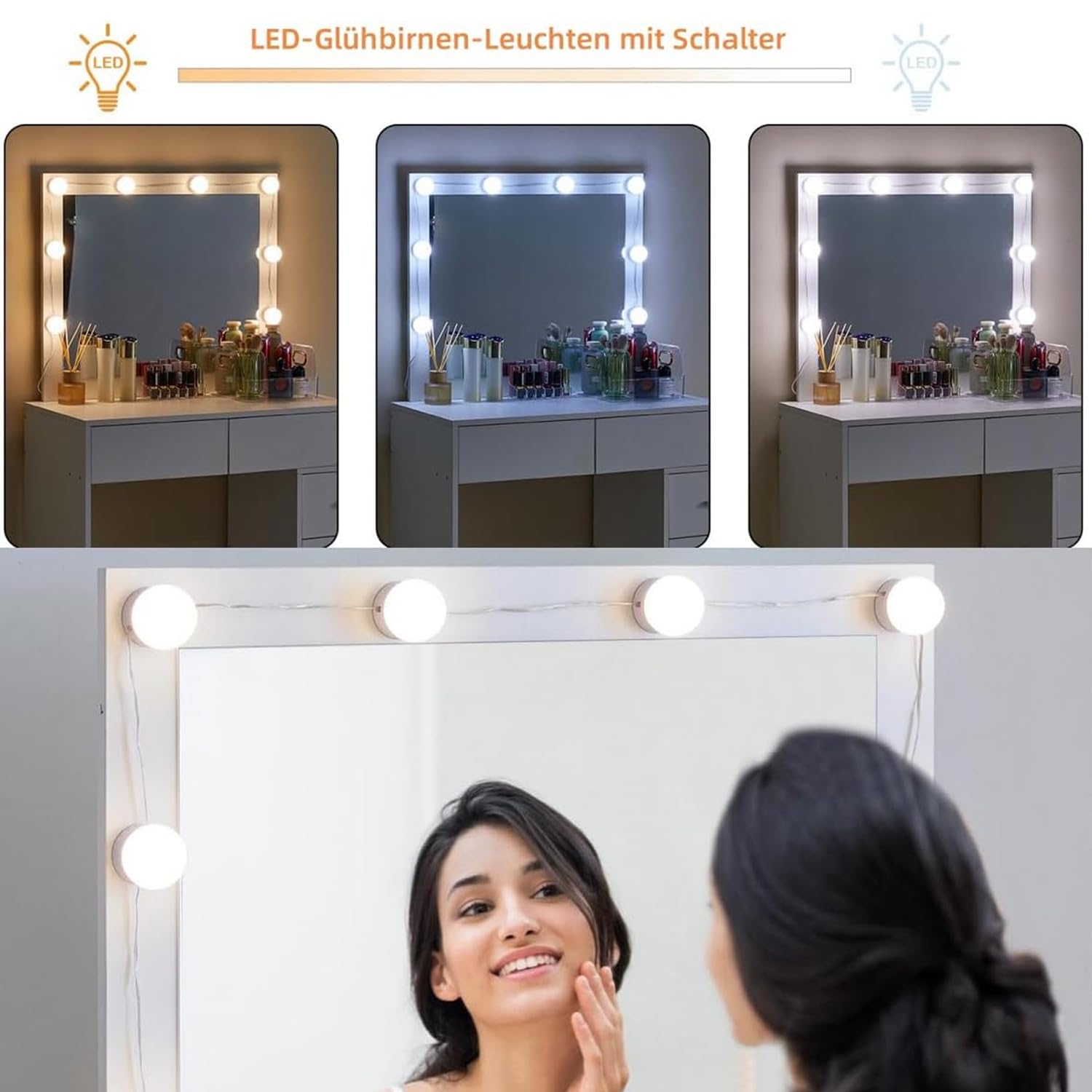 CLIPOP Schminktisch mit Spiegel und Beleuchtung,Verstellbare Helligkeit,Make-up Tisch mit 5 Schubladen und Dehnbarem Nachttisch,Modernes Frisiertisch Kosmetiktisch Hocker Set Schlafzimmermöbel
