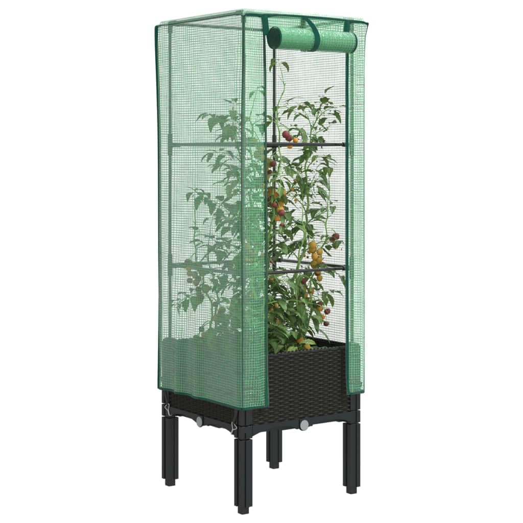 Bancal alto con accesorio para invernadero, aspecto de ratán, 40 x 40 x 140 cm, marco de hierro resistente y cubierta de polietileno, diseño moderno para balcón, jardín, terraza, hierbas