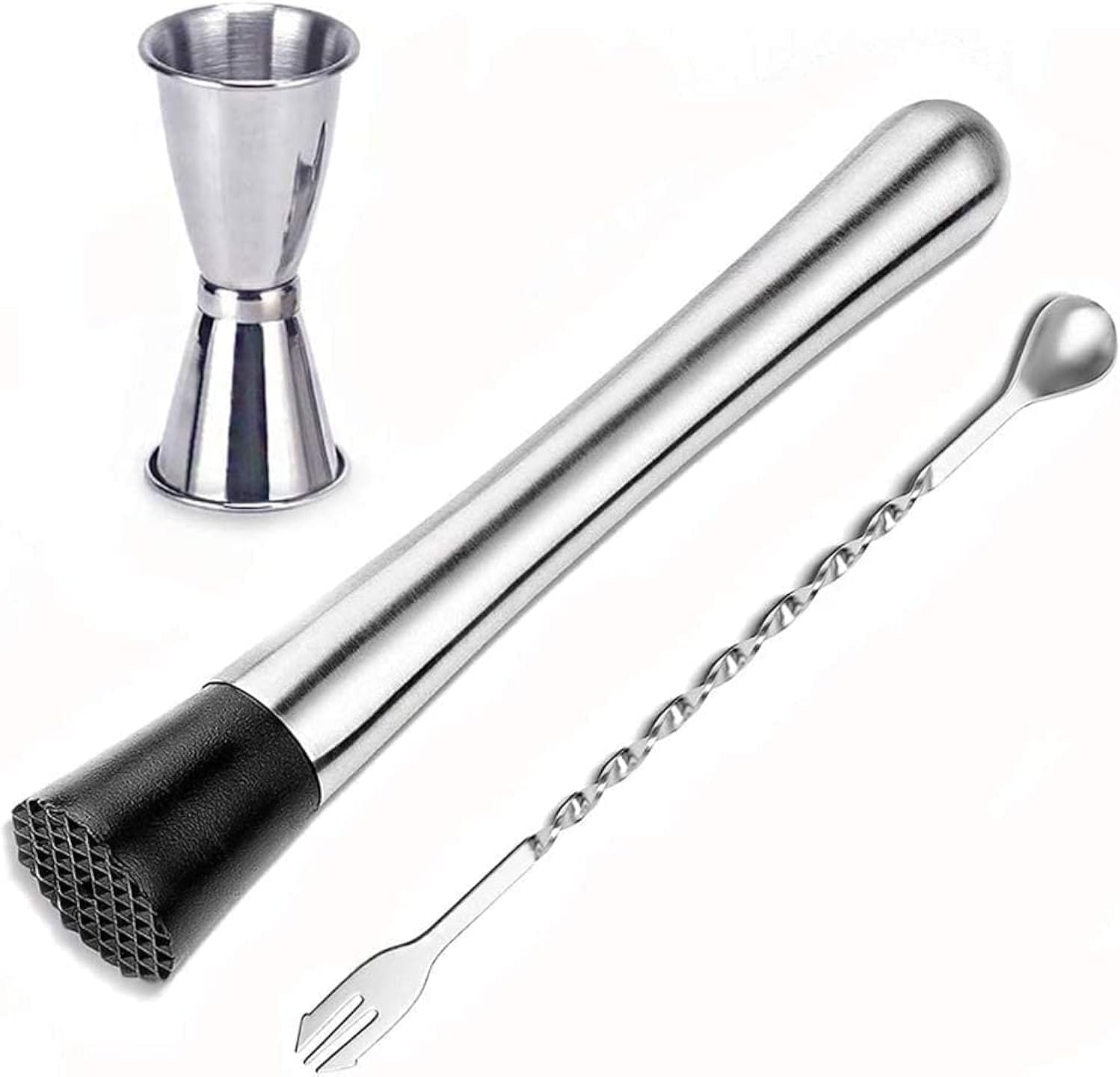 ChicAbode Stainless Steel Cocktail Muddler and Mixing Spoon, Jigger, Professional Home Bar Tool Set, Bartender Accessories, Ice Crusher, for Mojitos and Other Fruit Based Drinks