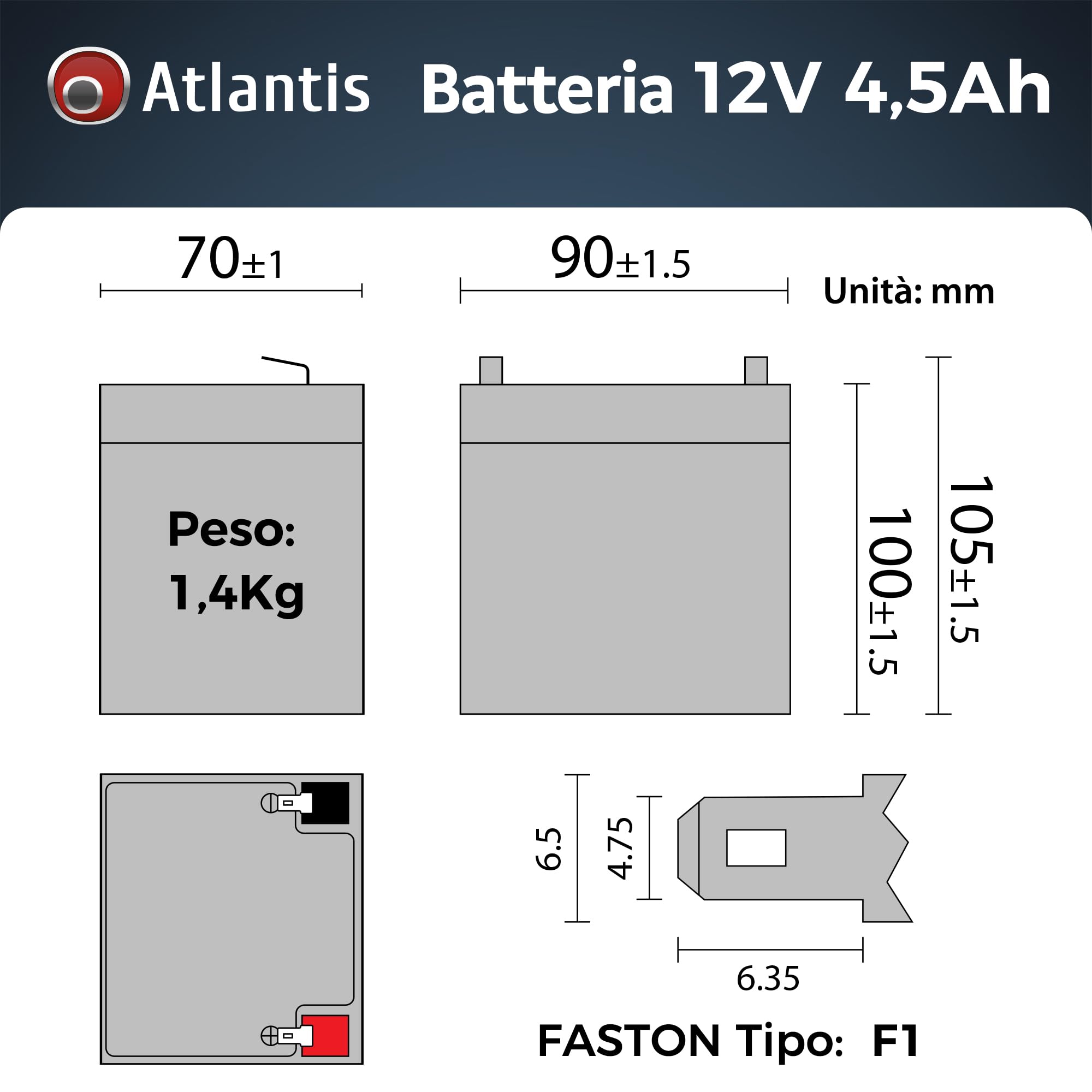 Atlantis batteria piombo 12V 4,5Ah ermetica VRLA per UPS Videosorveglianza allarme