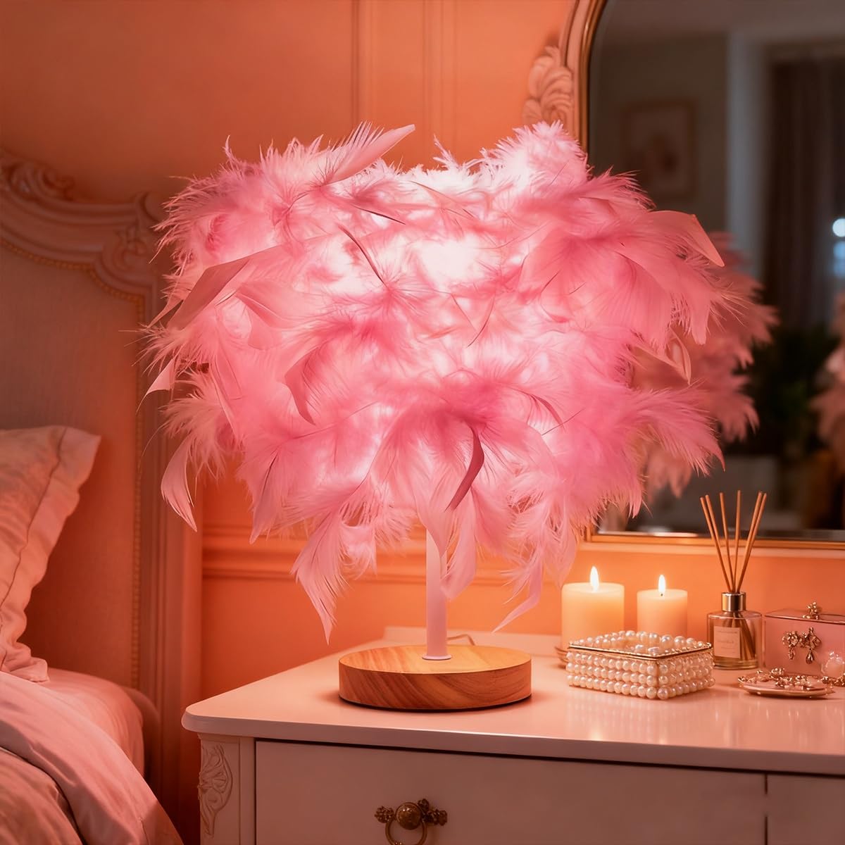 KPLFI Feather Table Lamp, Bedroom Bedside Lamp Decoration Ambient Light Light Light Luxury Premium Feeling Night Lamp Creative Gift(Pink)