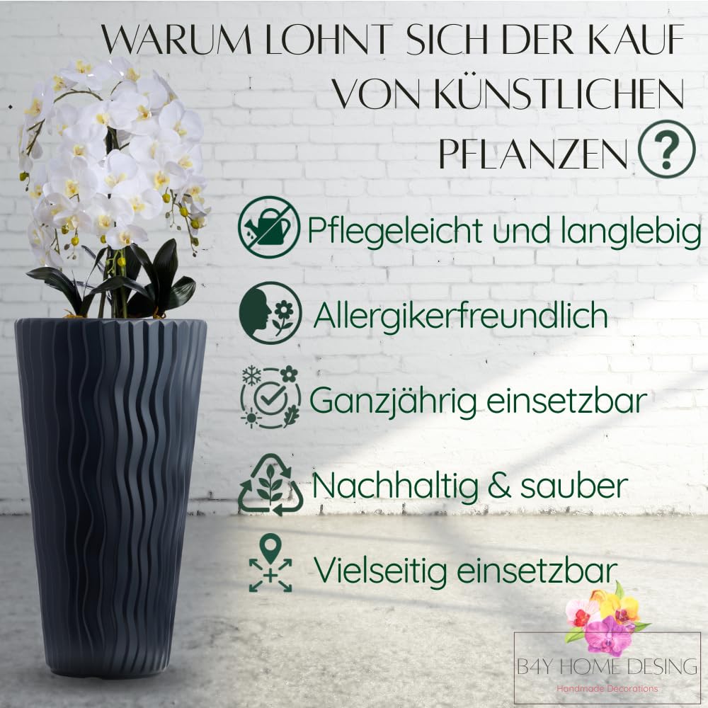 Orchideengesteck kunstlich im Topf schwarz matt, 6 Rispen, weiße lebensgetreue Blüten wie Echt, 130x40cm, skandinavisch | XXL Arrangement Dekoblumen Kunstpflanze - Hochzeitsdekoration Empfangsbereich