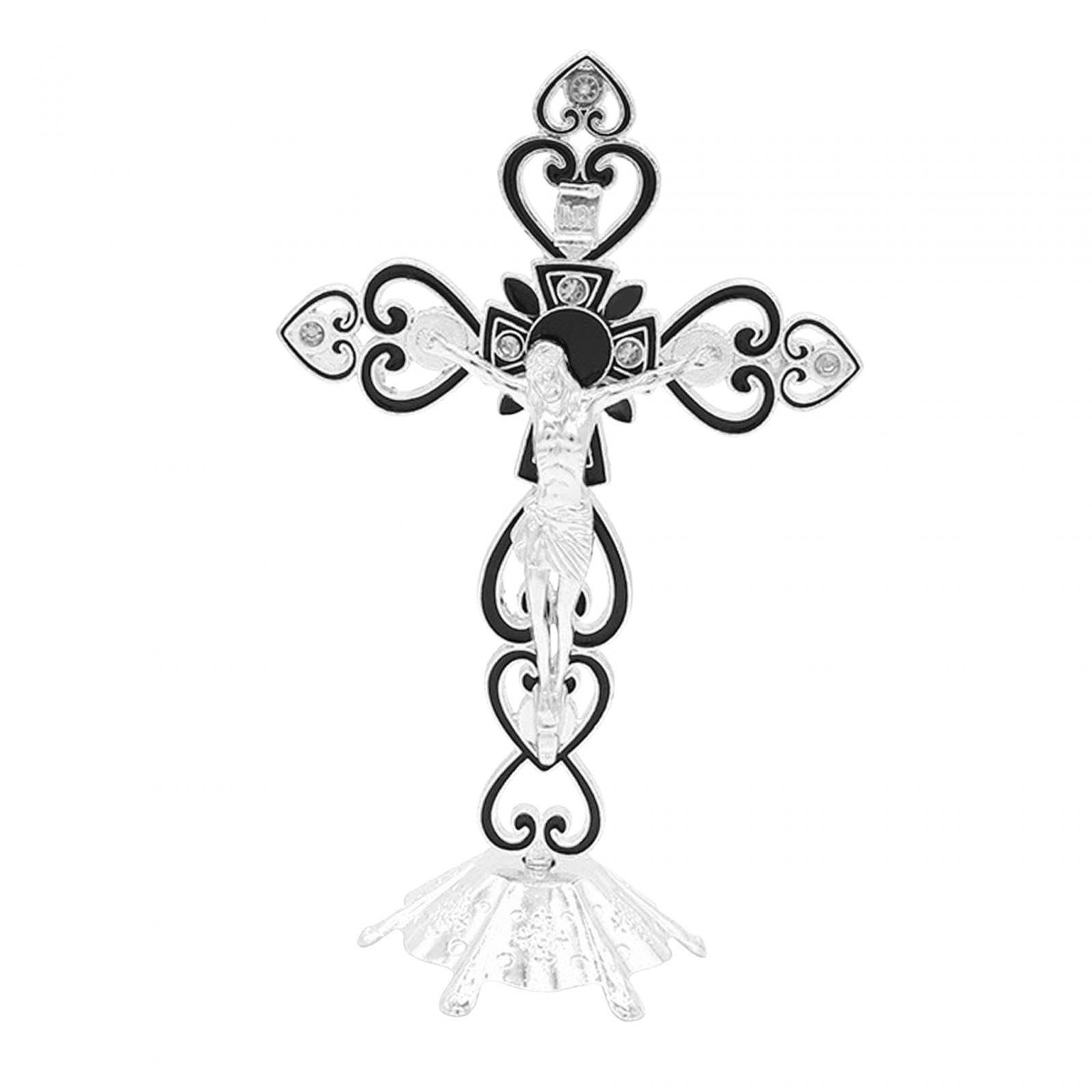 Zambuph Vintage Metal Standing Cross Prayer Crosses Elegant Jesus Christ On Cross Statue Remarkable Religious Gifts Ornaments Standing Crucifix Base Catholic, Black, 20x12.5cm