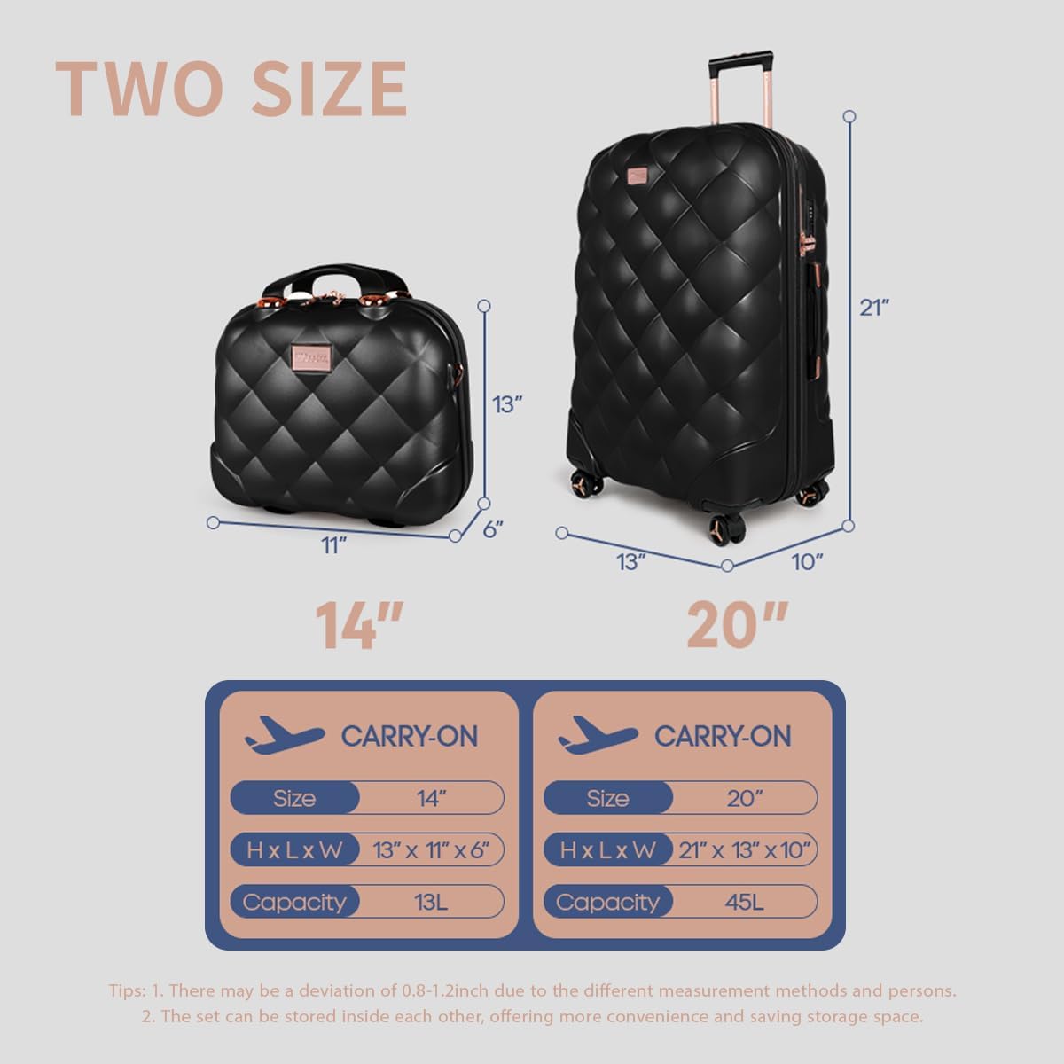 20''+14''Carry On Luggage Hardshell Expandable Suitcase w/Spinner Wheels and TSA LOCK,2 Piece Luggage Set,BLACK