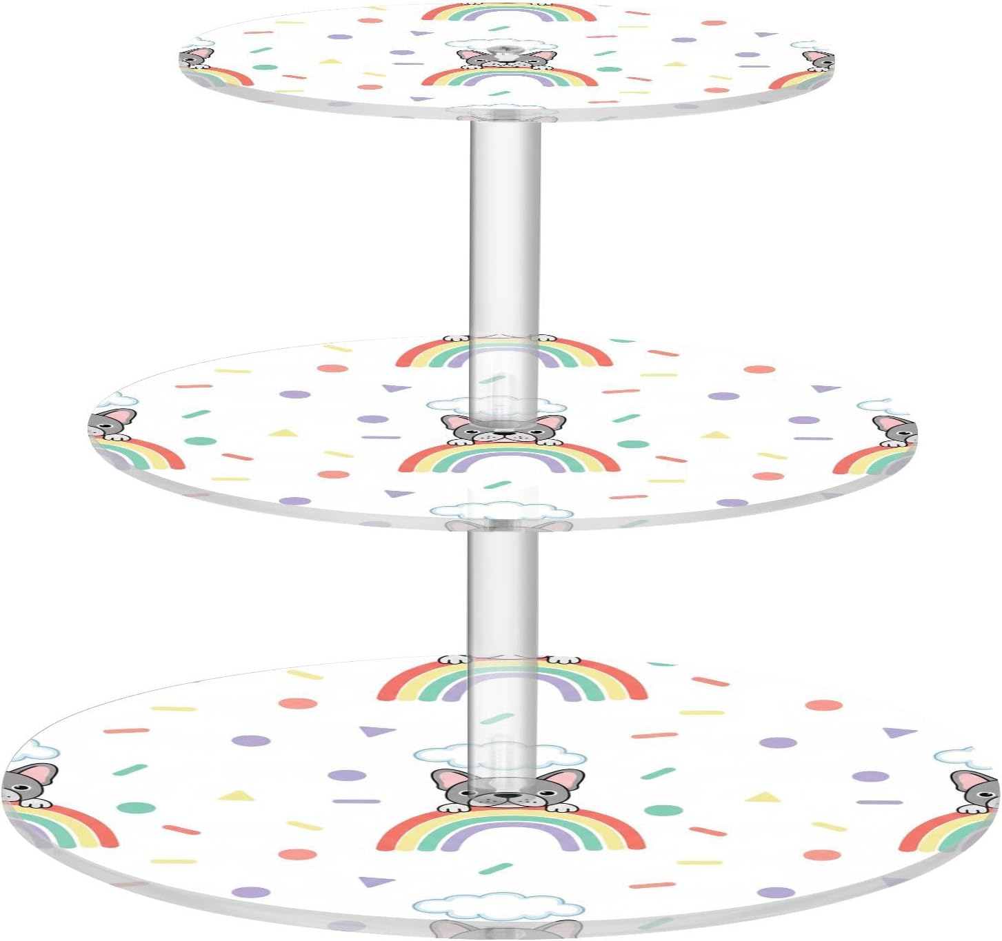 J JOYSAY Cute Dog White Rainbow Print Acrylic Cupcake Stand 3 Tier Dessert Table Display Set Clear Cake Stands for Wedding Baby Shower Party Decorations Easy Assembly Donut Tower