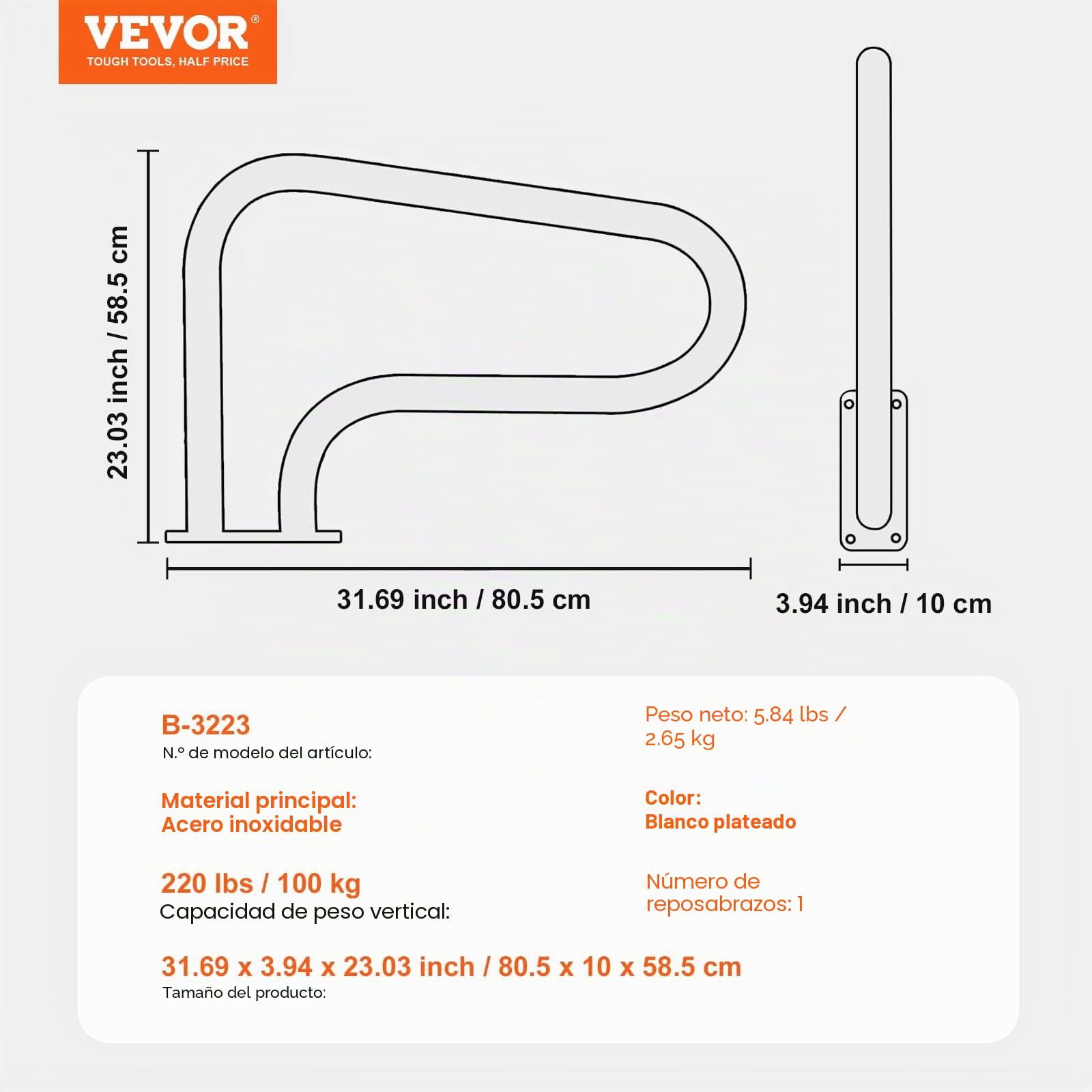 VEVOR Barandilla para Piscina 805 x 585 mm Pasamanos para Piscina de Acero Inoxidable con Placa Base Barra de Seguridad Antioxidante para Piscinas, Interiores, Exteriores, Terrazas, Blanco plateado