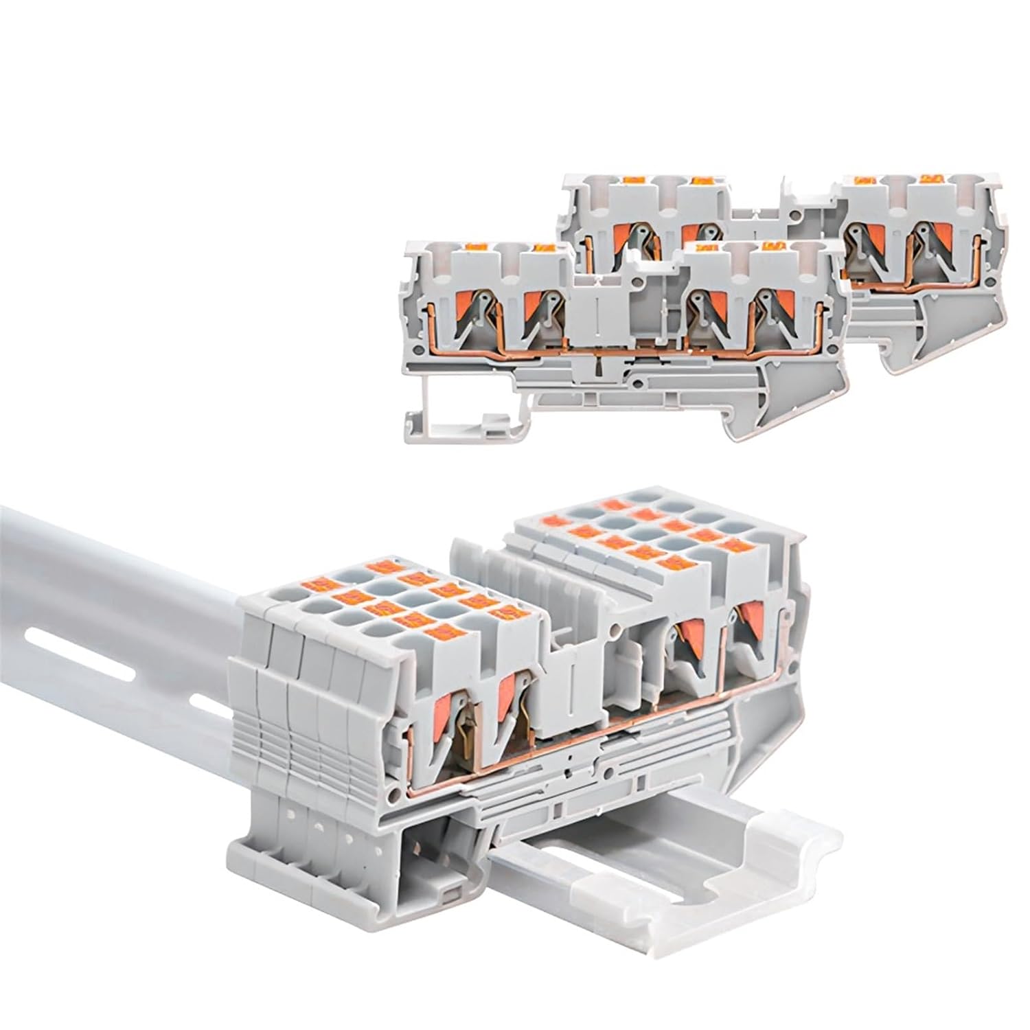 10Pcs Din Rail Terminal Block PT4-QUATTRO 4 Conductor Push in Spring Screwless Feed Through Terminal Strips Block Wire Conductor(Blue)