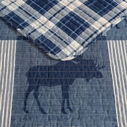 Image of Eddie Bauer - Twin Quilt Set, Naturally Soft Cotton Bedding w /a Lightweight Feel for All-Year Comfort, Reversible w /Matching Pillowcase, 2 Piece Bed Set (Moose Plaid /Pinstripe /Patchwork Blue)