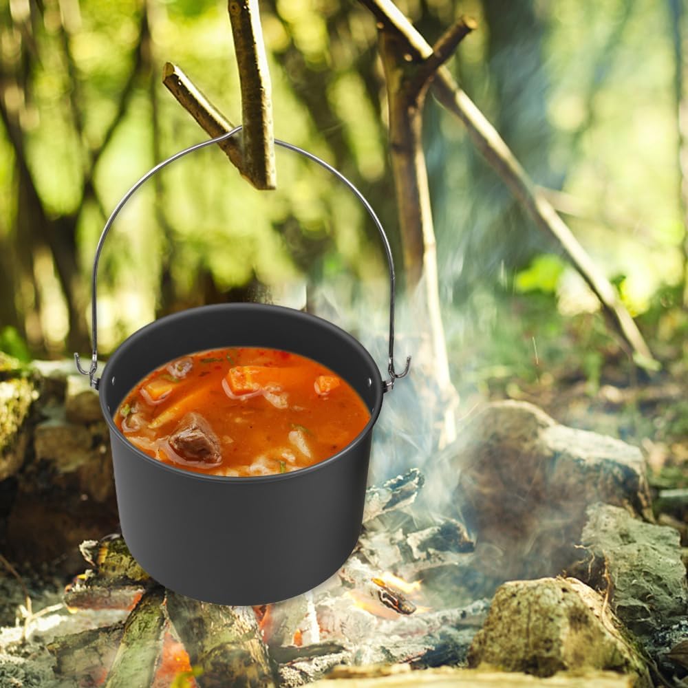 Alomejor 8L Hanging Pot Large Camping Cookware Portable Pot and Pan Set with lid for 8-10 People Outdoor Activities