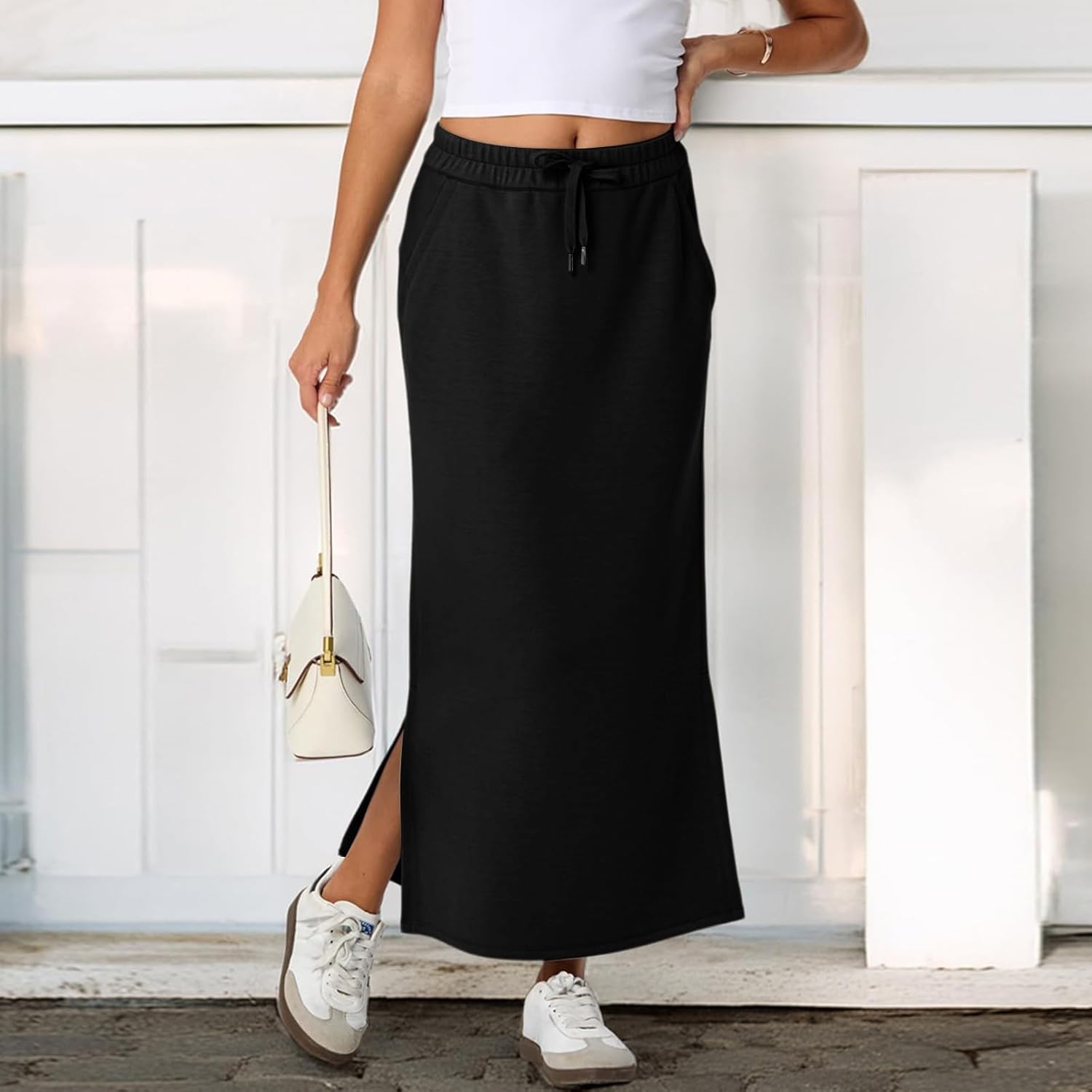 Gumipy Maxi Skirts for Women High Waisted Drawstring Long Skirts Fall Fashion Side Slit Skirt Casual Athletic Sweat Skirt - Image 2
