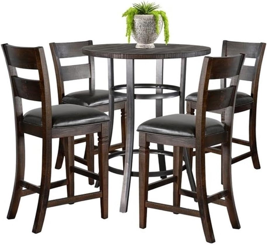 Pemberly Row 5-Piece Pub Dining Set, Mahogany and Powder-Coated Metal, Counter Height Table with 4 Stools, Compact Space-Saving Design, Contemporary Style for Small Kitchens or Breakfast Nooks