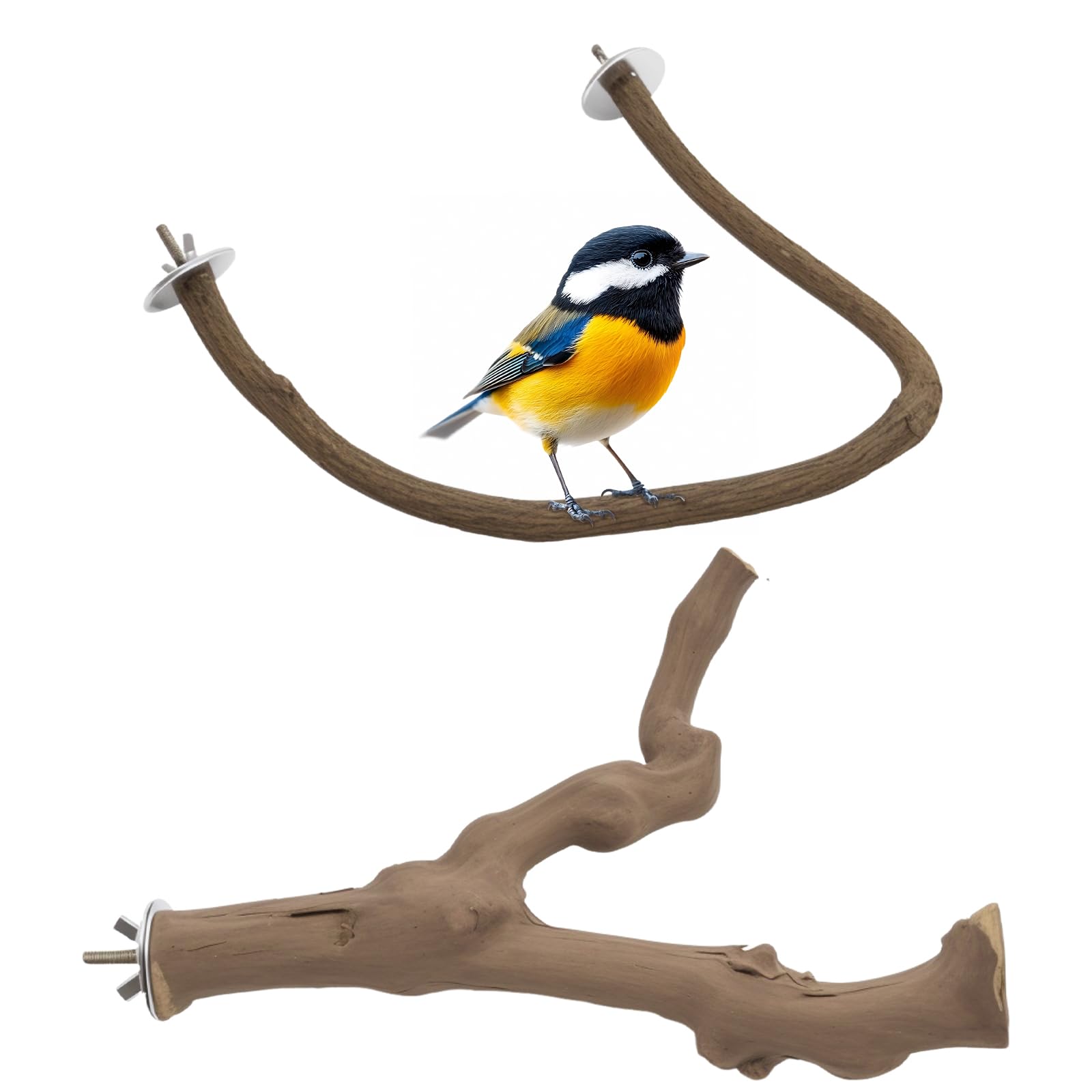 Hoypeyfiy 2-Pack Natural Wood Bird Perch Set for Cages, U-Shape and Forked Design, Provides Diverse Textures & Gripping Surfaces, for Conures, Cockatiels, Parakeets, lovebirds (2 pcs)