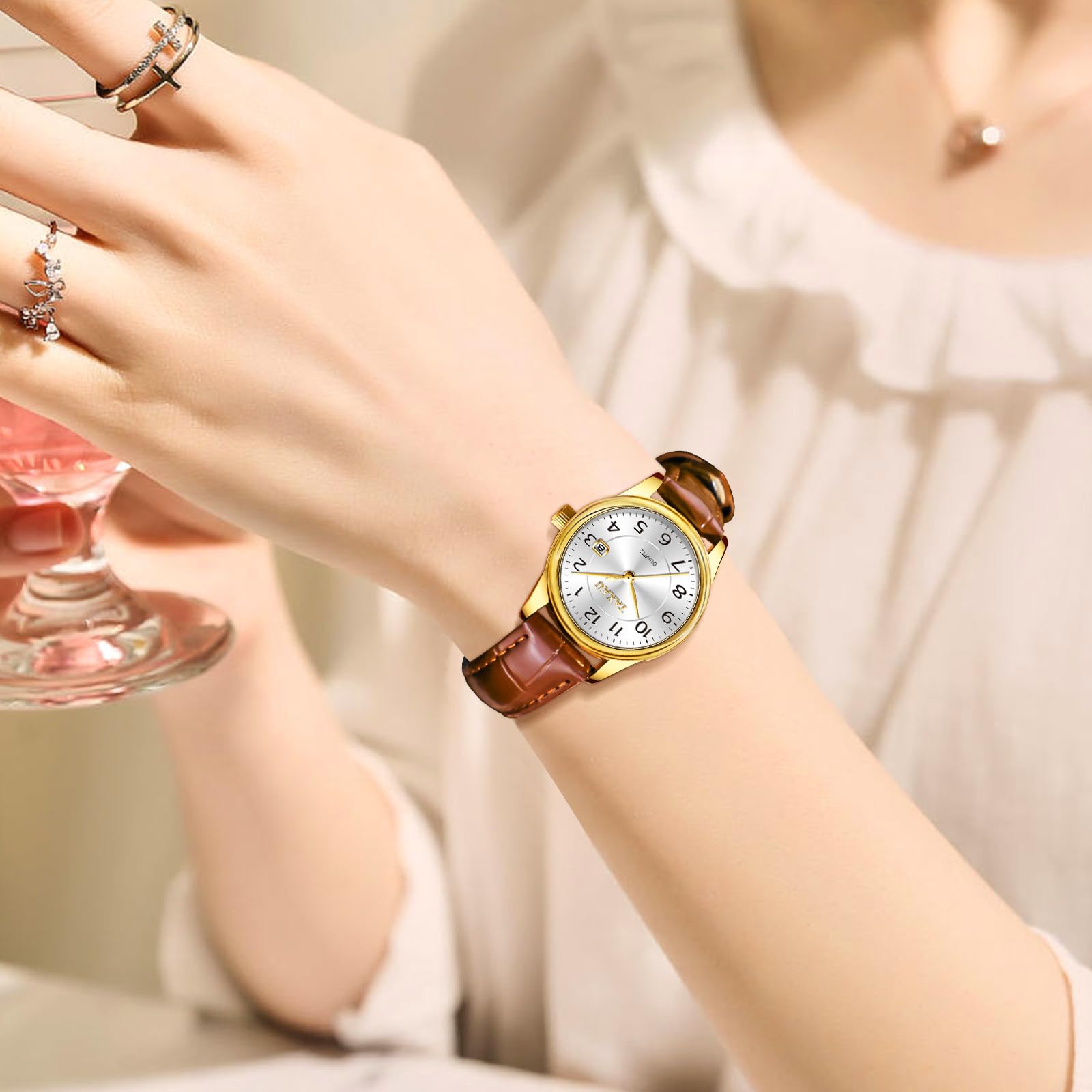 Taxau Damenuhr Quarz Lederarmband, wasserdichte Armbanduhr mit Datum