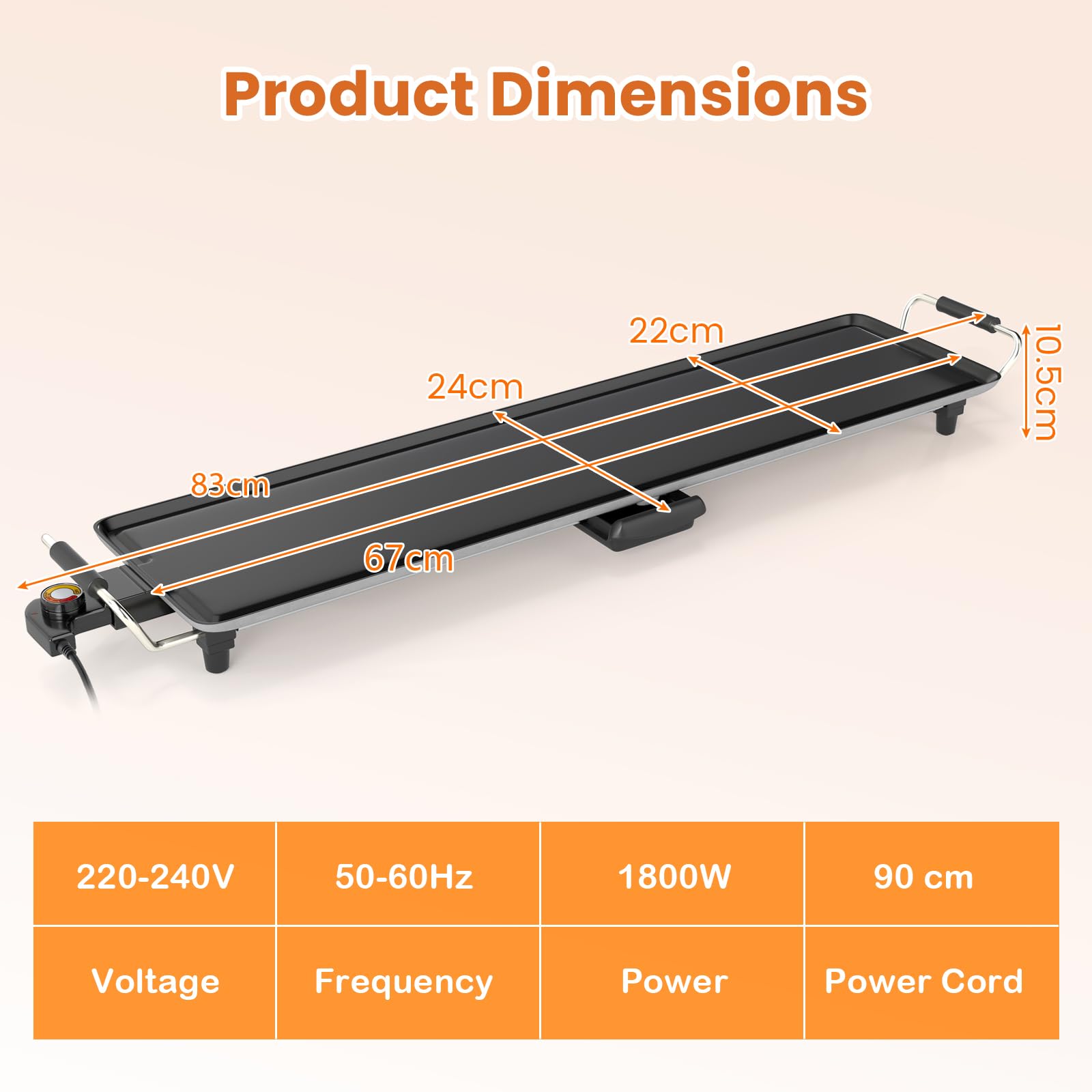 SOARS Plancha Électrique XXL 1800W, Barbecue Électrique avec Thermostat Intégré, Revêtement Antiadhésif, 4 Températures Réglables, pour 8-10 Personnes (Surface Plate 67 X 22 CM)