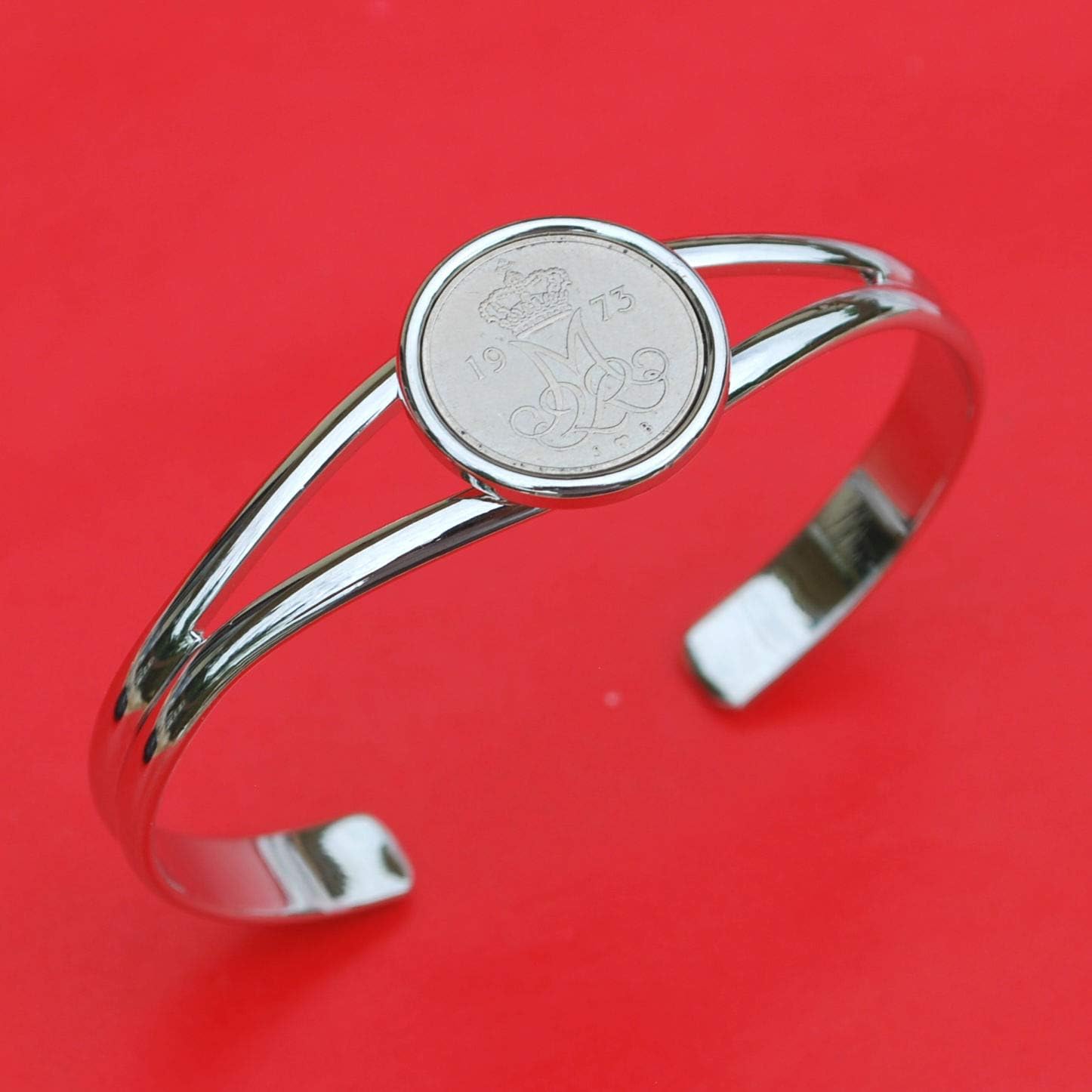 1973 Denmark 10 Ore Uncirculated Coin Silver Plated Cuff Bangle Bracelet NEW - Crowned MIIR Monogram