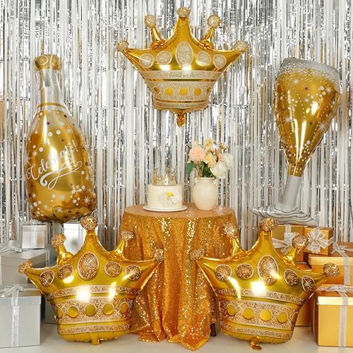 Image of 4PCS Champagne Balloons, Gold Champagne Bottle Glass Balloons Crown Shaped Helium Foil Balloon for Birthday Bachelorette Engagement Wedding Bridal Shower Graduation Anniversary Party Decorations