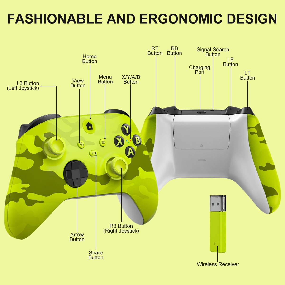 BUERTT Controller Xbox One, controller Xbox Wireless per Xbox One, Xbox Series X/S, controller wireless con jack audio da 3,5 mm, con adattatore wireless da 2,4 GHz, giallo mimetico