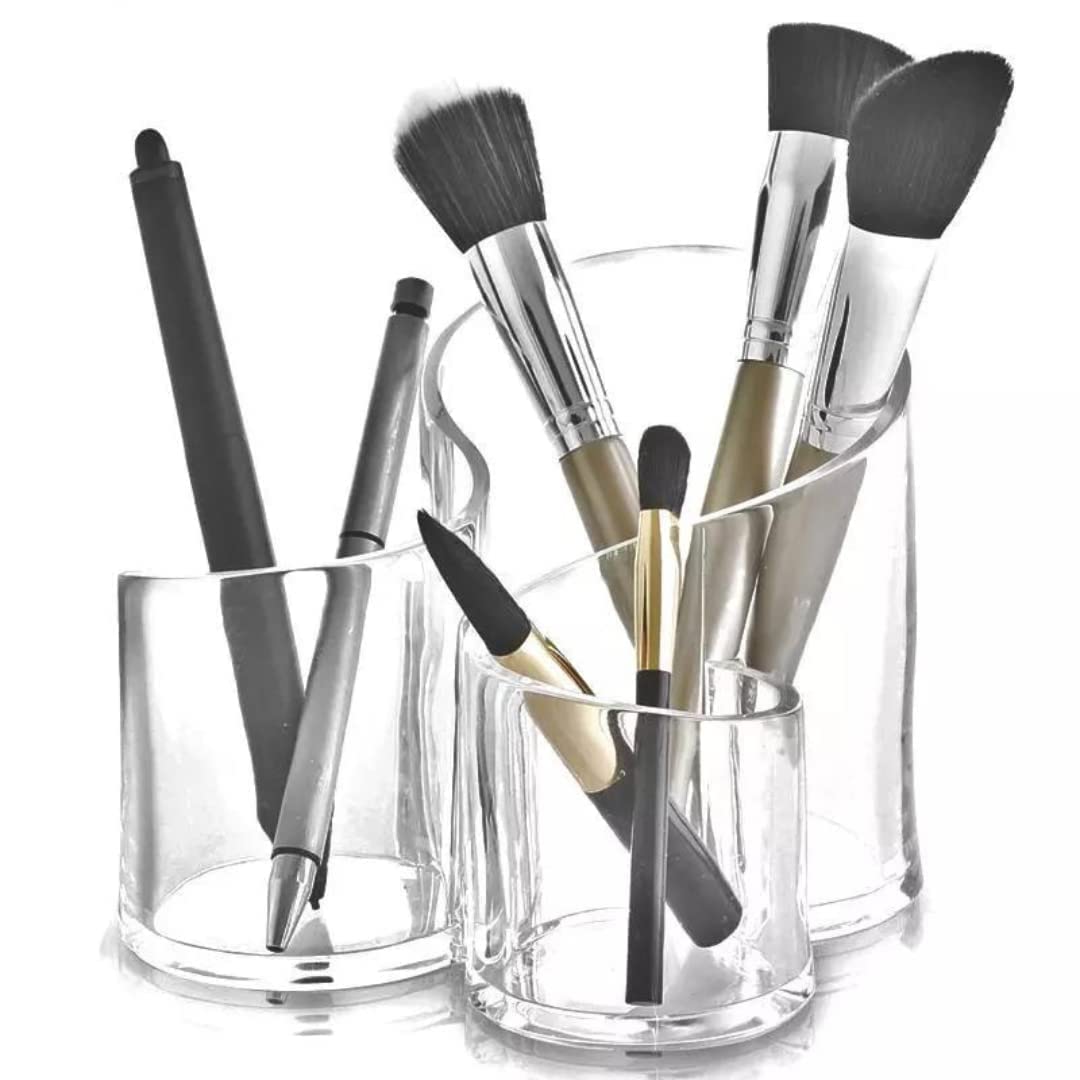 Feinerman Acrylic Makeup Brush Holder & Beauty Storage Organizer for Dressing Table β Clear 3 Compartments Cosmetic Storage Holder for Brushes, Lipsticks, and More 2