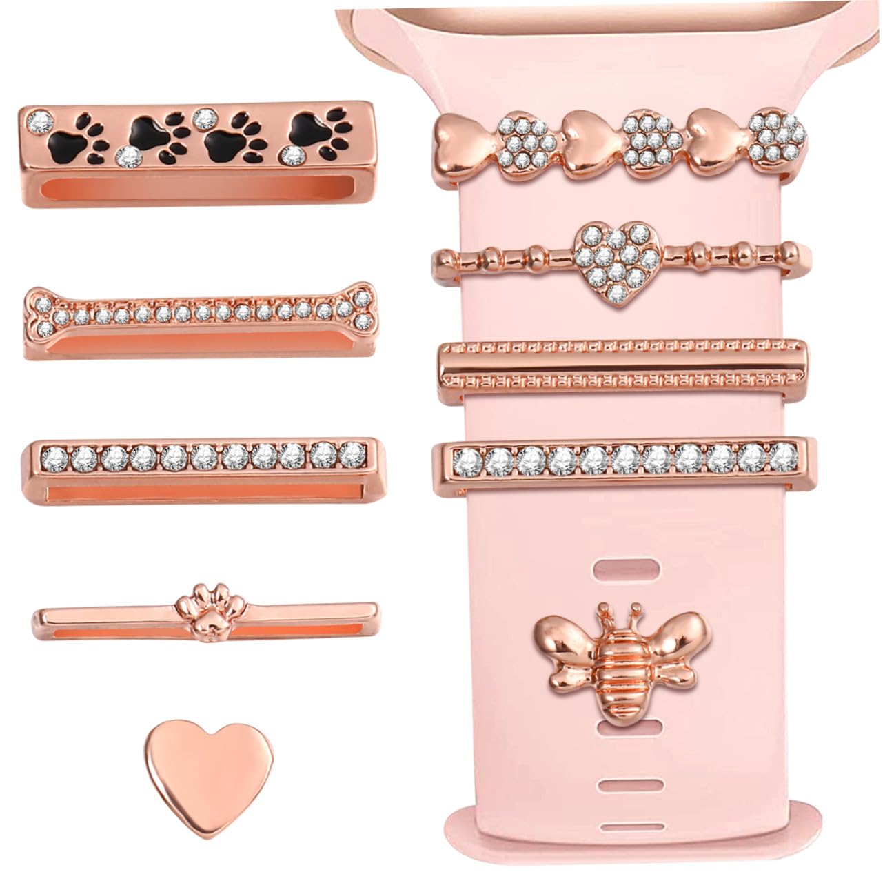POPETPOP Lot de 10 Breloques Décoratives Rose Gold pour Bracelet de Montre Connectée, Accessoires Anneaux pour Bracelets Compatibles Silicone, Clous Décoratifs Strass, Présent Personnalisé