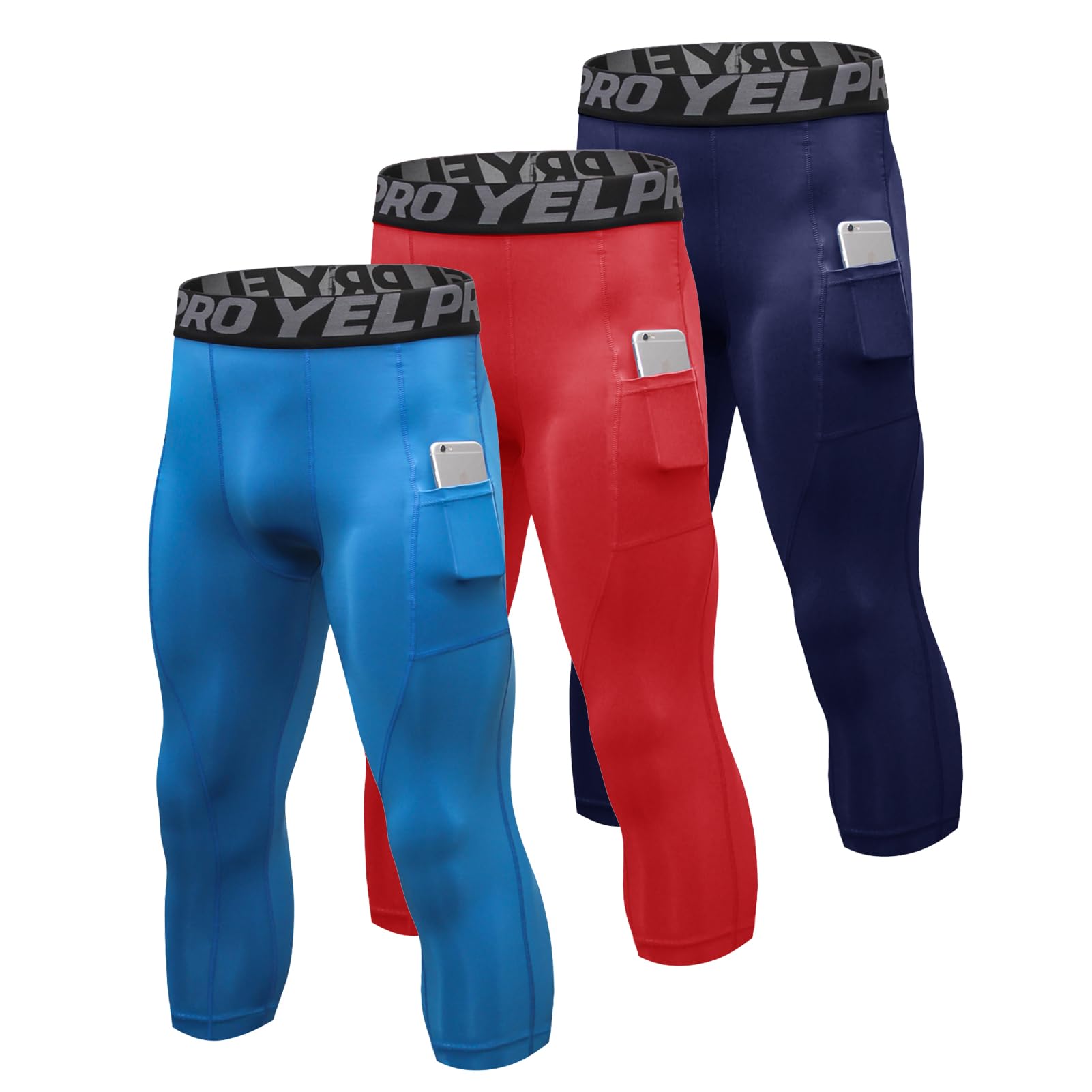 3 Piezas Mallas Running Hombre 3/4 Deporte Leggings con Bolsillos Pantalón de Compresión Secado Rápido para Gym Fitness Jogging