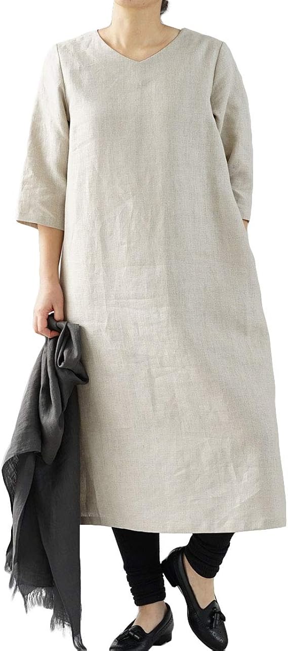 Amazon Co Jp 中厚 リネン ワンピース Vネック シンプル Aライン ドレス 7分袖 ミモレ丈 亜麻ナチュラル M L A032c Amn2 服 ファッション小物