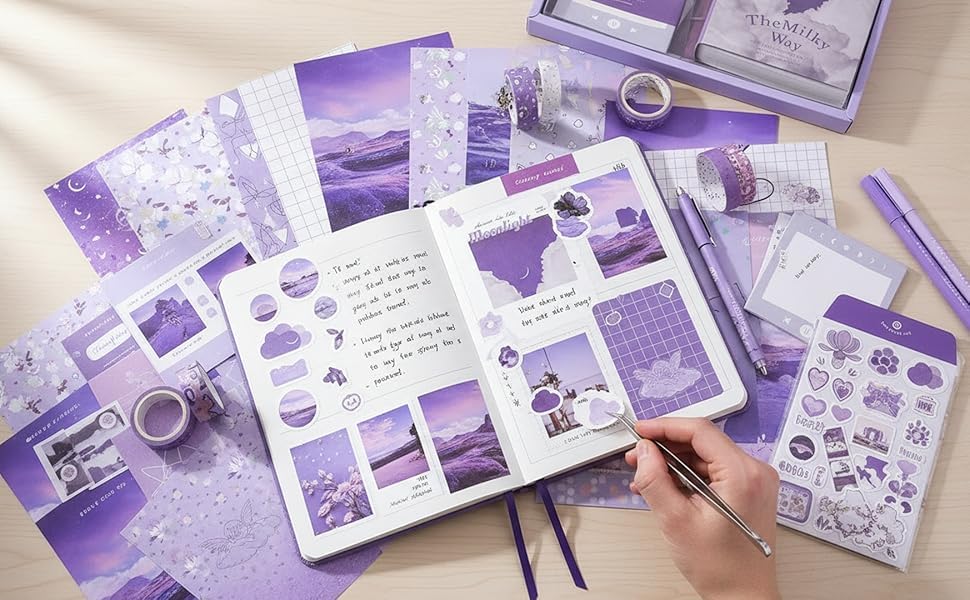 Image of Paper Vintage Aesthetic Scrapbook Kit(346Pcs) Scrapbooking Supplies Kit With Bullet Junk Journal,Stationery,A6 Grid Notebook Journaling Gift For Girl (Purple Scrapbook)