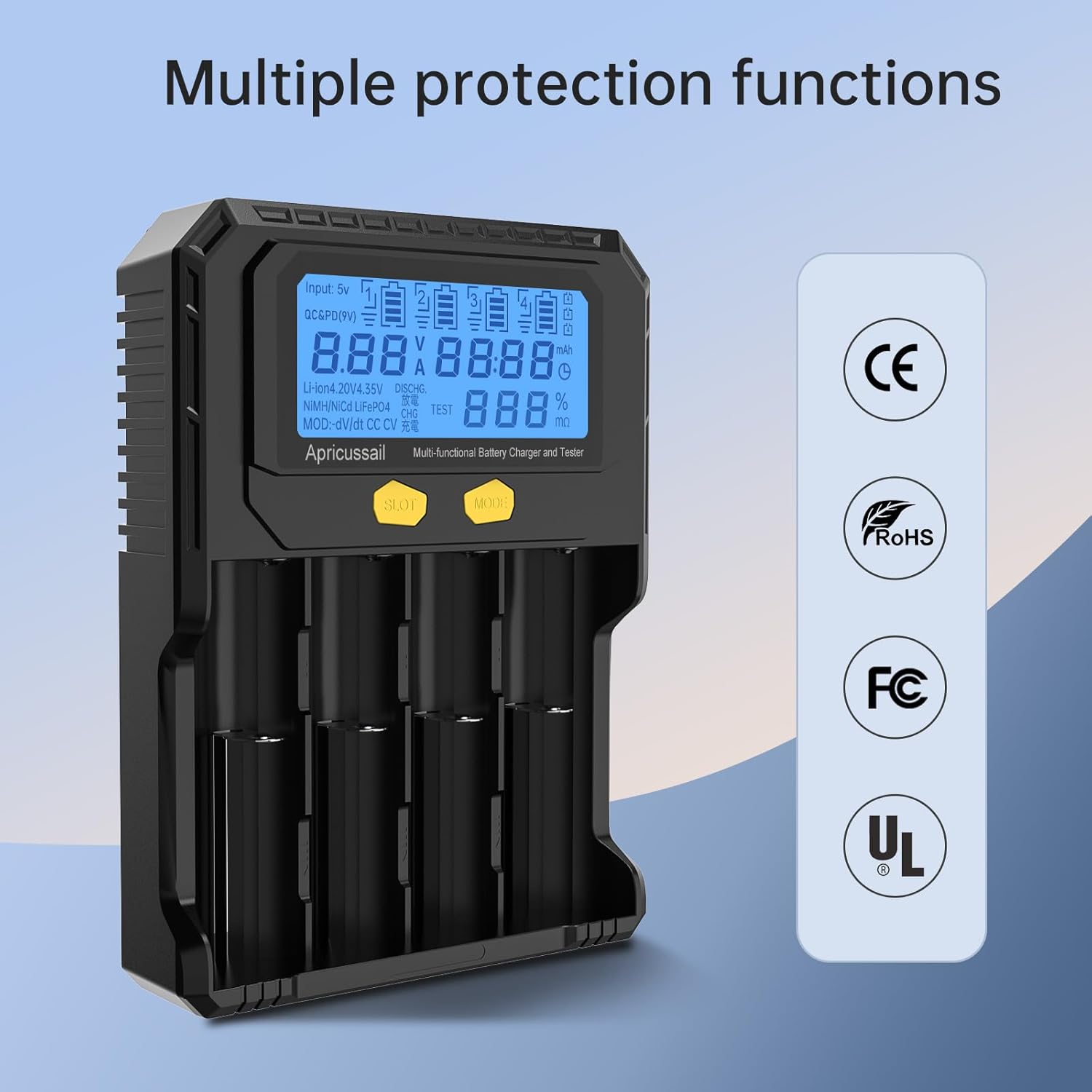4-Slot Fast Battery Charger &Tester for 3.2V LiFPO4 3.7V Li-ion 1.2V Ni-MH/Ni-CD Batteries,LCD Displayer,Intelligent Identification,Safe Protection,Compatible with 18650 21700 AA AAA Batteries