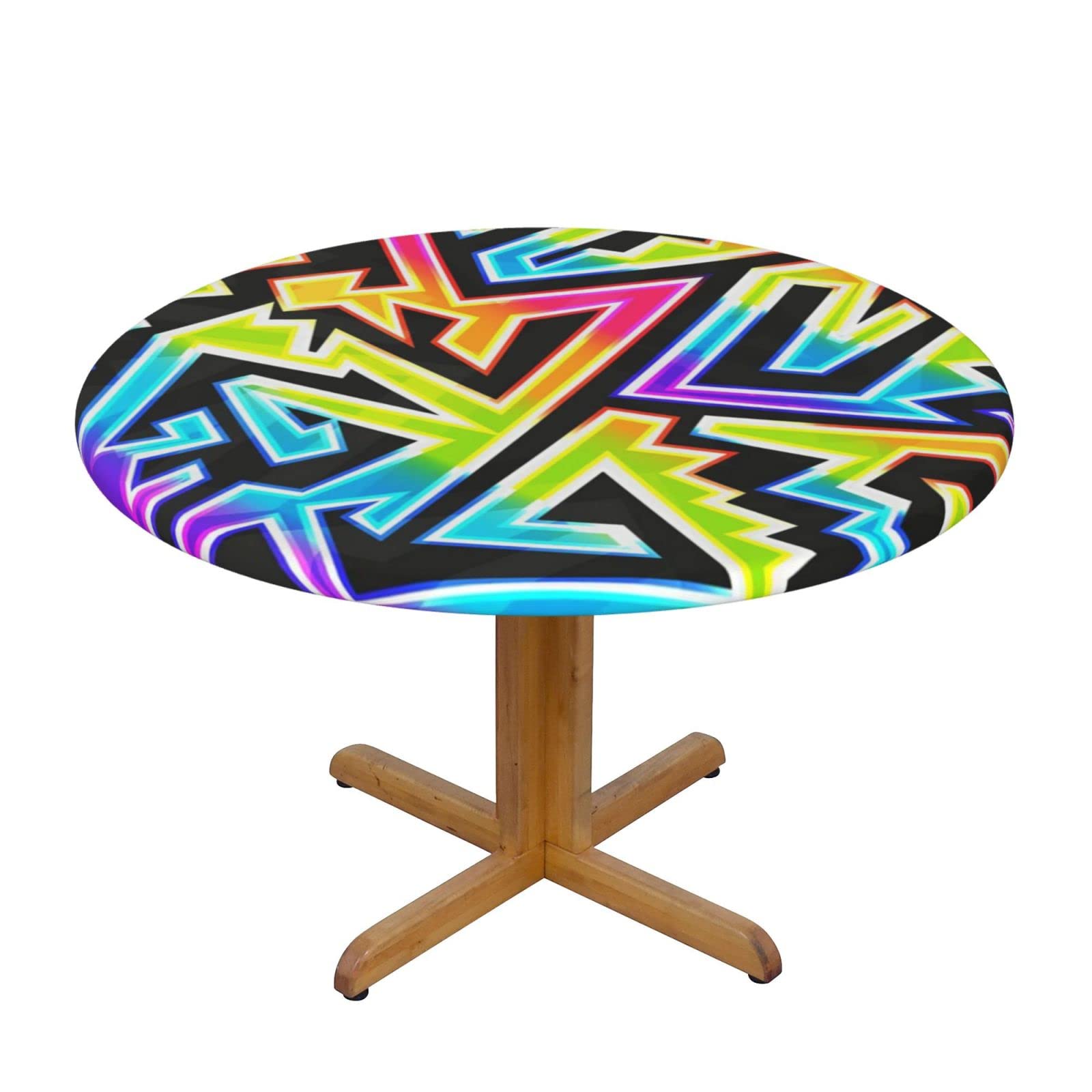 Lsjuee Round Fitted Tablecloth 40-44in Elastic Edged Table Cloth for Kitchen Dining Party Home Decor - Rainbow Neon Geometric