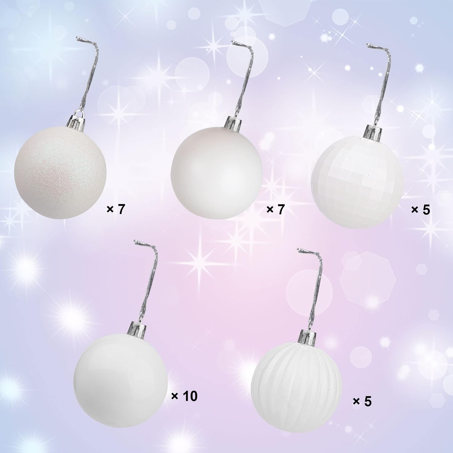 Condition photo showing New/Like New for Lulu Home Christmas Ball Ornaments, 34 Ct 1.57" Pre-Strung Hanging Ornament Decorations, Xmas Shatterproof Plastic Balls for Holiday Party Wreath Garlands Trees, White White 1.57"