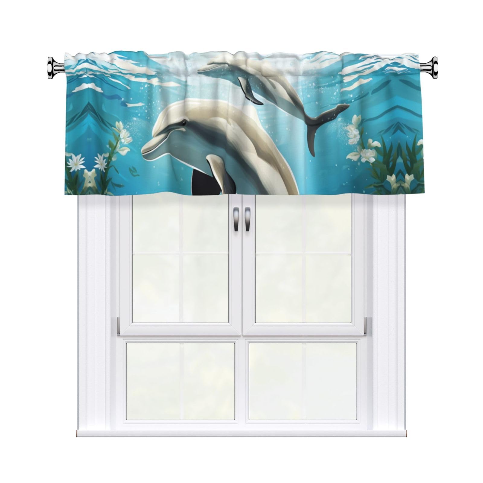 DWVTSLH Kiss Dolphin Tale Valances Curtains for Windows, Rod Pocket Drape Valence Blackout Short Curtains for Kitchen Bathroom Bedroom Window Treatment for Home Décor 54x18 Inch