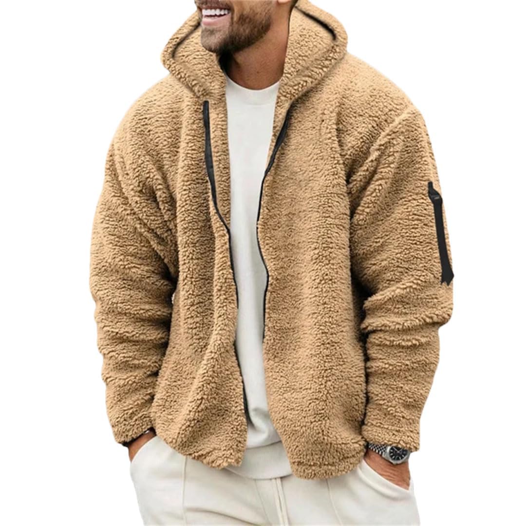 Mens Fuzzy Sherpa Jacket Fall Winter Warm Thick Full Zip Hoodie Sweatshirt Fluffy Dark Khaki Open Front Coat