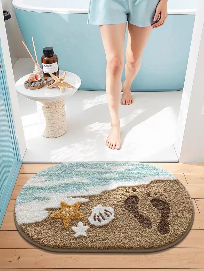 FANSSMILE Beach Bathroom Rug Non-Slip Absorbent Bathroom Mat Ocean Sea Themed Decor Soft Tufted Plush Machine Washable Coastal