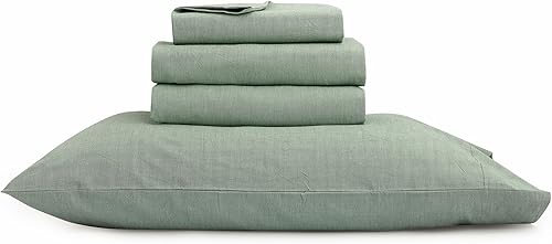 Miniatura 7 de BESTOUCH Juego de sábanas 100% algodón lavado, tacto súper suave, cómodo, elegante, ligero, juego de ropa de cama de 4 piezas, color verde sólido,