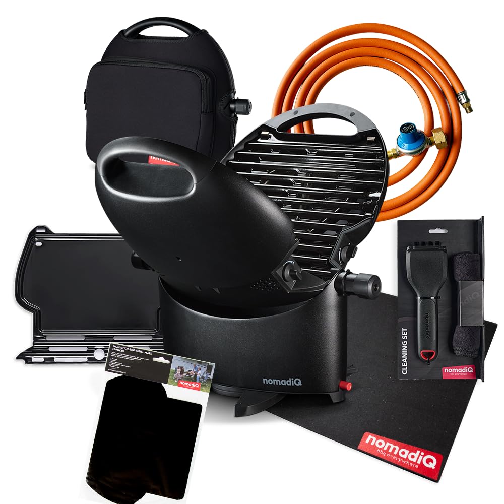 nomadiQ Holiday Cooking Pakket | Tragbarer Gas BBQ Grill | Klein, Mini, Leichtgewicht Tischgrill | Perfekt zum Camping, Kochen im Freien, Wohnmobil, Boote, Reisen
