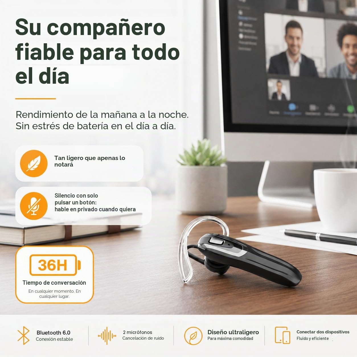 Auriculares Bluetooth V6.0 con cancelación de ruido de IA y 38 horas de tiempo de conversación – Auriculares manos libres de un solo oído, doble emparejamiento, ligeros auriculares Bluetooth para
