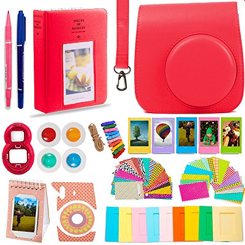 DNO Fujifilm Instax Mini 9 Accessories (11 Piece Kit) - Protective Case, Hanging Frames, Filters & Selfie Lens, Photo Album, Film Decor Stickers & More - Flamingo Pink (Raspberry)
