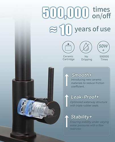 Miniatura 4 de Juego de grifos de cocina de un solo mango de bronce aceitado con rociador desplegable y dispensador de jabón, 17 pulgadas de alto