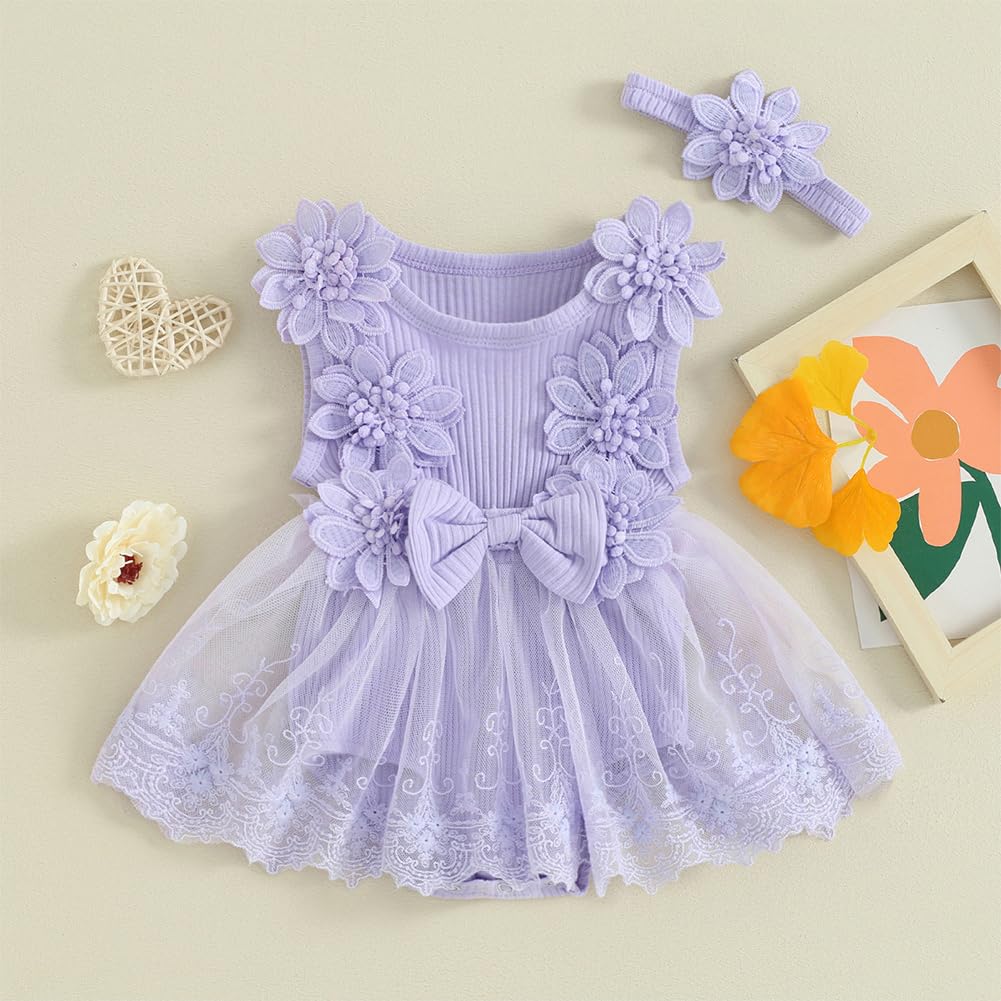IDOPIP Newborn Girls Sleeveless Floral Tutu Romper Dress Infant Birthday Cake Smash Outfit Lace Ruffle Knitted Mesh Dress Flower Girl Wedding Party Baptism Dress with Headband Purple 12-18 Months