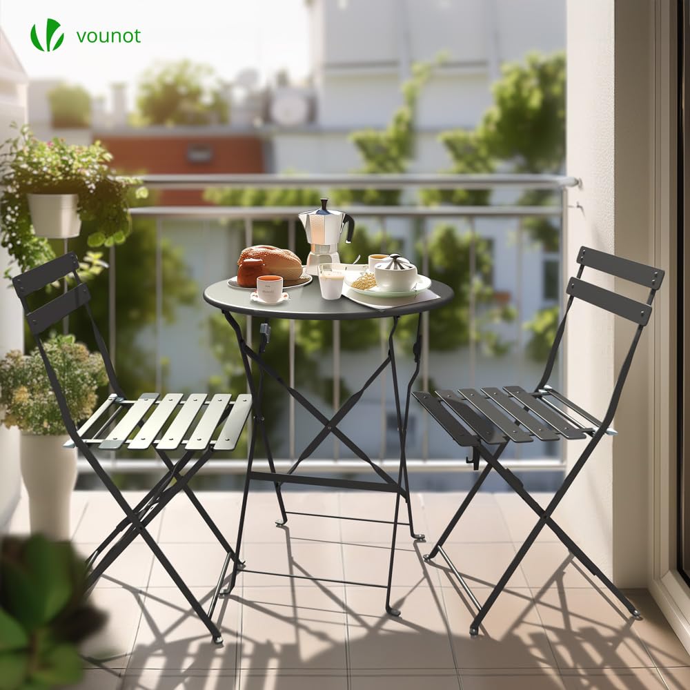 VOUNOT® Set da Giardino Pieghevole da 3 Pezzi, Tavolo Bistrot con 2 Sedie, Acciaio, Grigio