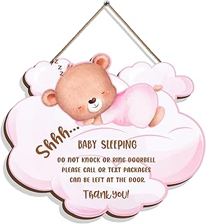 Baby is Sleeping Wooden Hanging Door Sign, Funny Front Door Do Not Ring Doorbell Decorations Hanging Sign, Baby Sleeping Door Sign for Baby Room Front Door Nursery Bedroom Kids Room