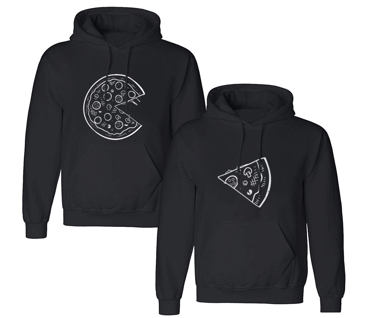 Friend Shirts Couple Hoodie Pizza Pärchen Kapuzenpullover Set Partner Look Pullover Paare Pulli Sweatshirt Schwarz Weiß Damen Baumwolle Geschenk 2 Stücke (schwarz-Herr-L+Dame-S)