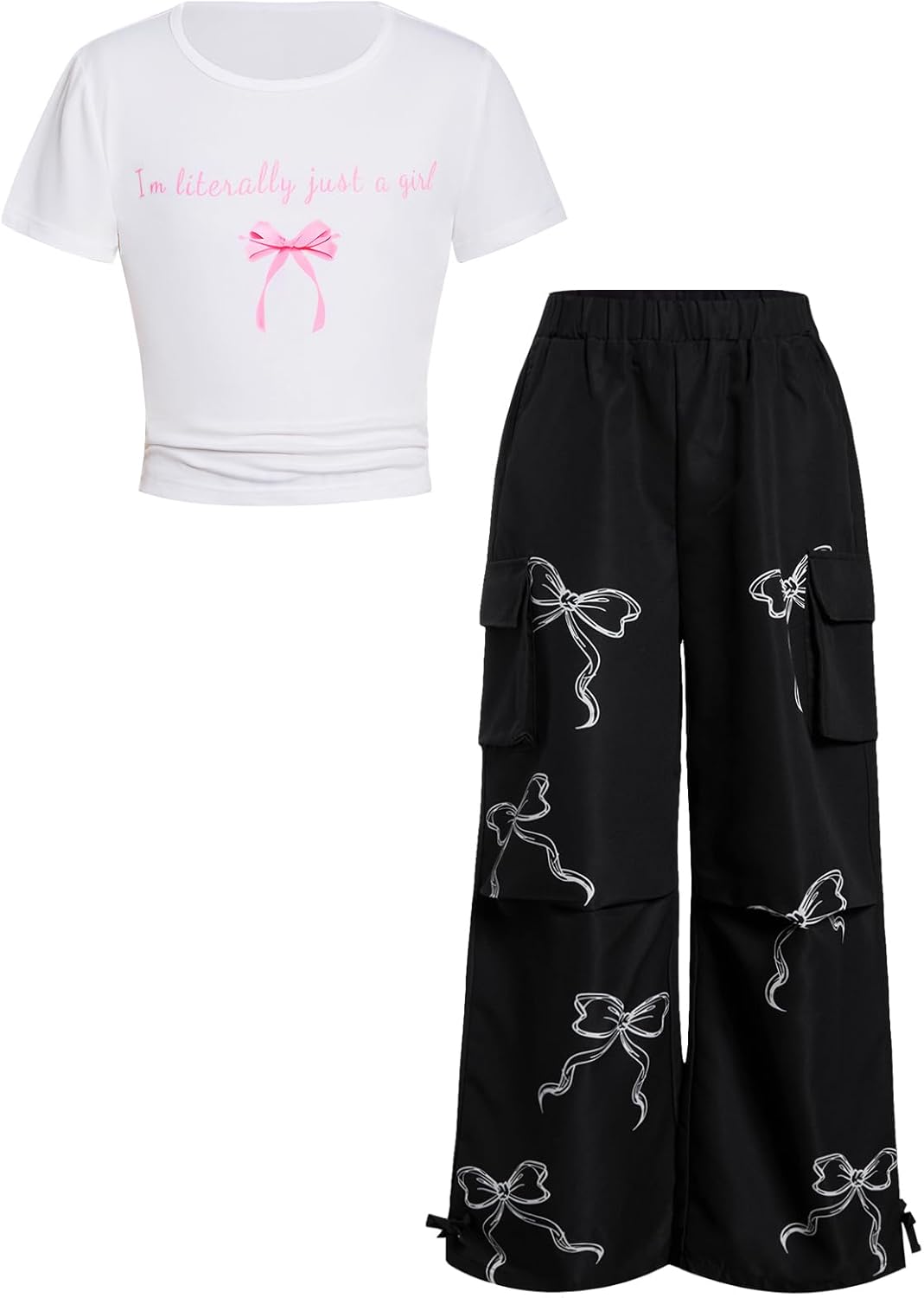 RoseSeek Girl's 2 Piece Summer Outfits Short Sleeve Ruched Basic Tess and Camo Cargo Pants Sets Trendy