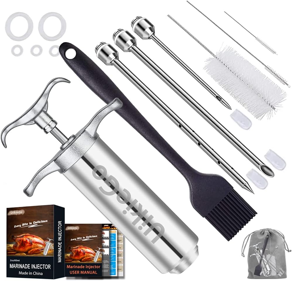2oz Heavy duty 304 Stainless Steel Meat Marinade Injector Include User Manual (Paper Book) and BBQ Guide E-Book (PDF) for Smoker BBQ Grill Roast (Stoage Bag)