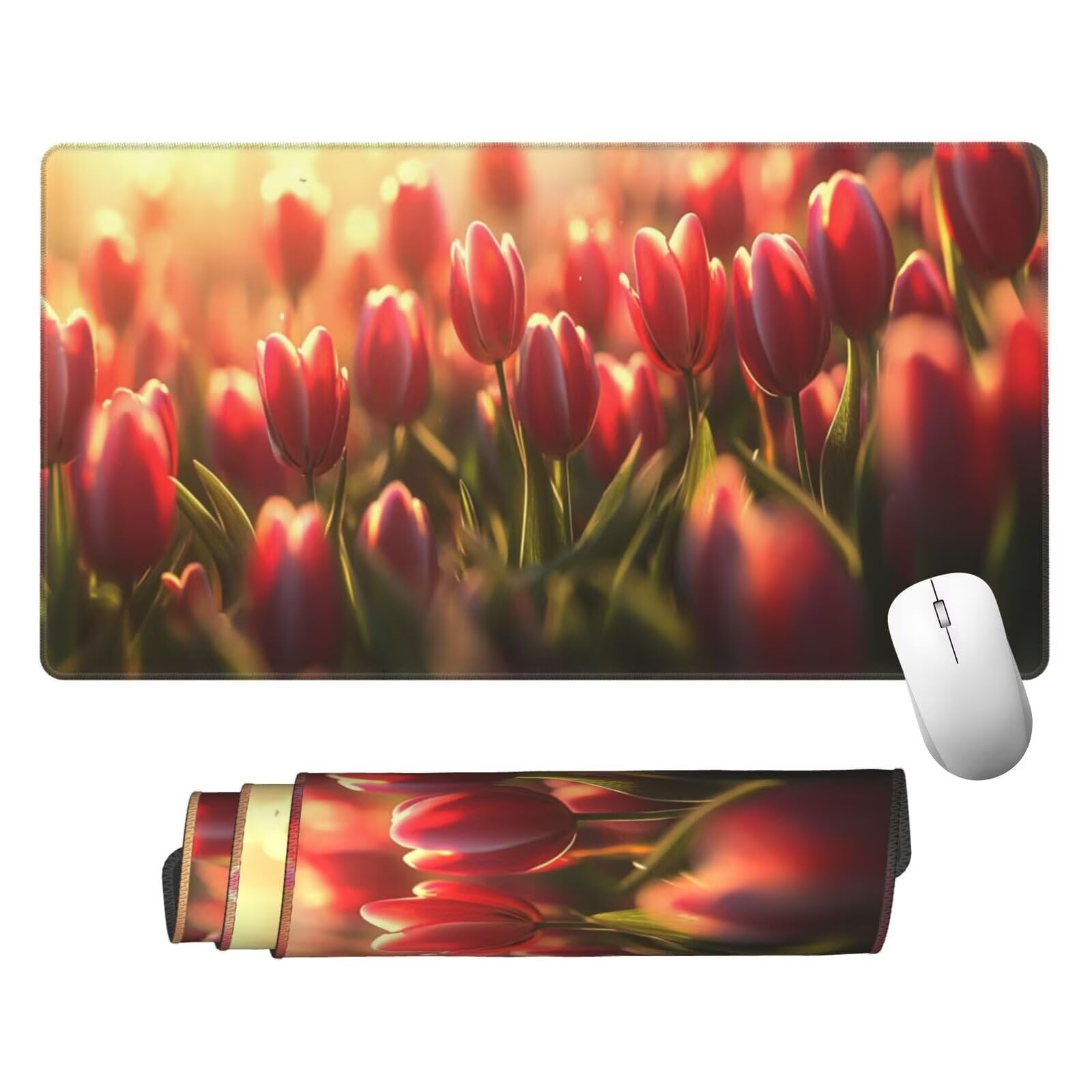 Czerwona podkładka pod mysz XXL tulipanowa mata na biurko 1600 x 800 x 3 mm zmywalna podkładka do gier na laptopa, z antypoślizgową gumową podstawą do gier, PC, pracowników biurowych Y923