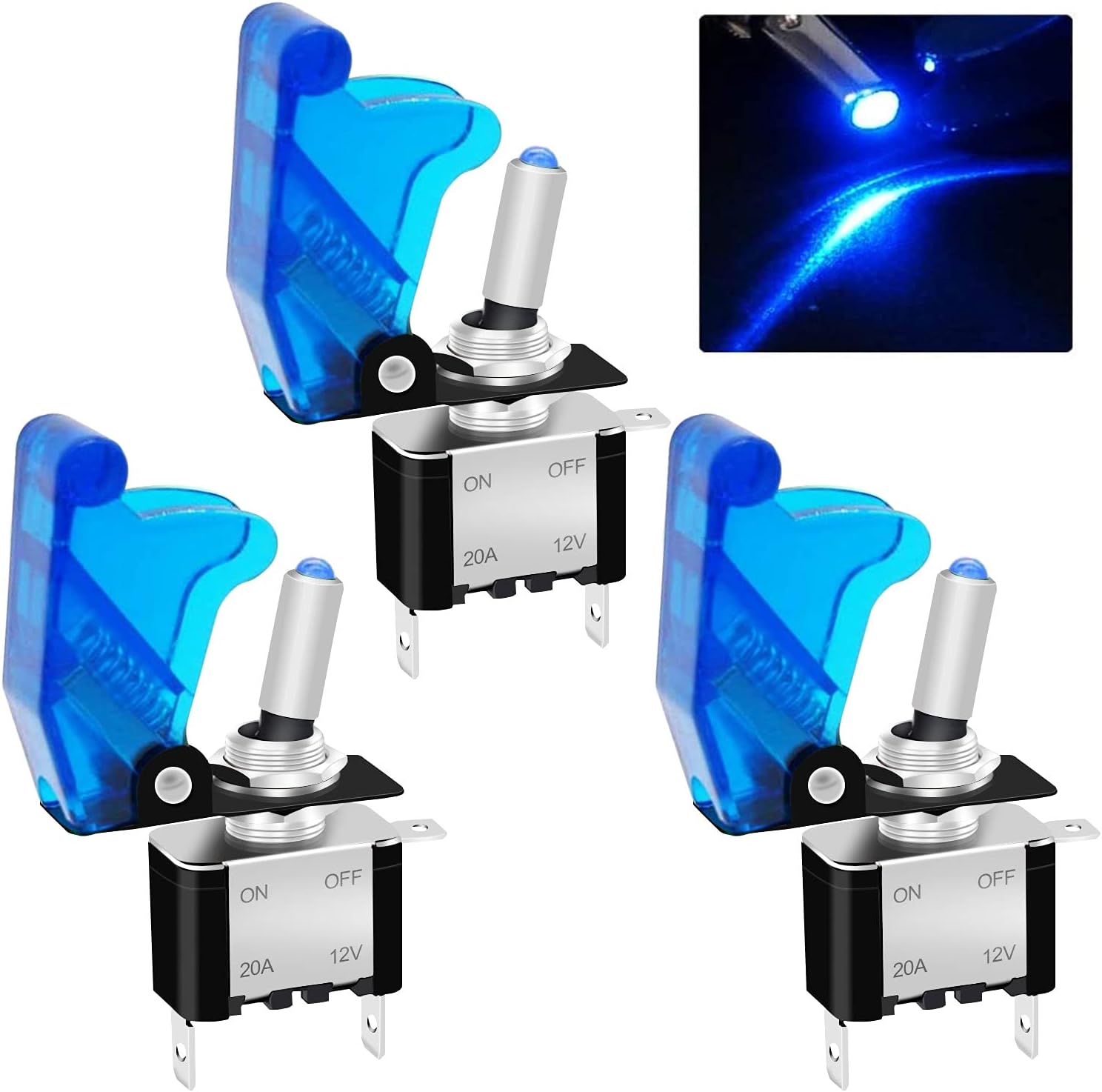 Twidec/3Pcs Rocker Toggle Switch 12V 20A Heavy Duty Racing Car Automative Auto SPST ON/OFF Toggle Switch Blue LED Light Illuminated 3Pin With Blue Waterproof Safety Cover ASW-07DBUBUMZ