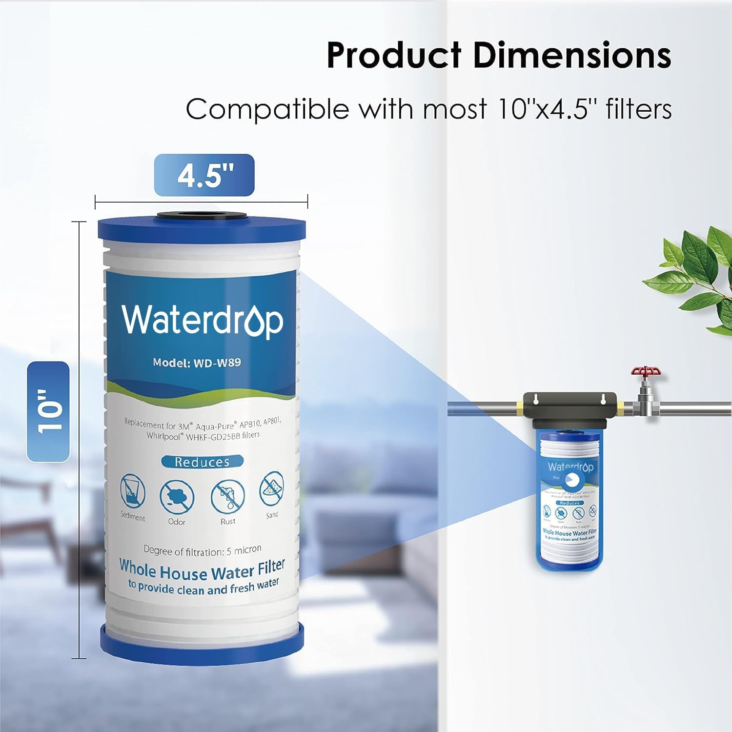 Waterdrop AP810 Whole House Water Filter, Replacement for 3M® Aqua-Pure® AP810, AP801, AP811, Whirlpool® WHKF-GD25BB, WHKF-DWHBB, 5 Micron, 10" x 4.5", Well & Tap Water Filter, Pack of 3 - Image 2