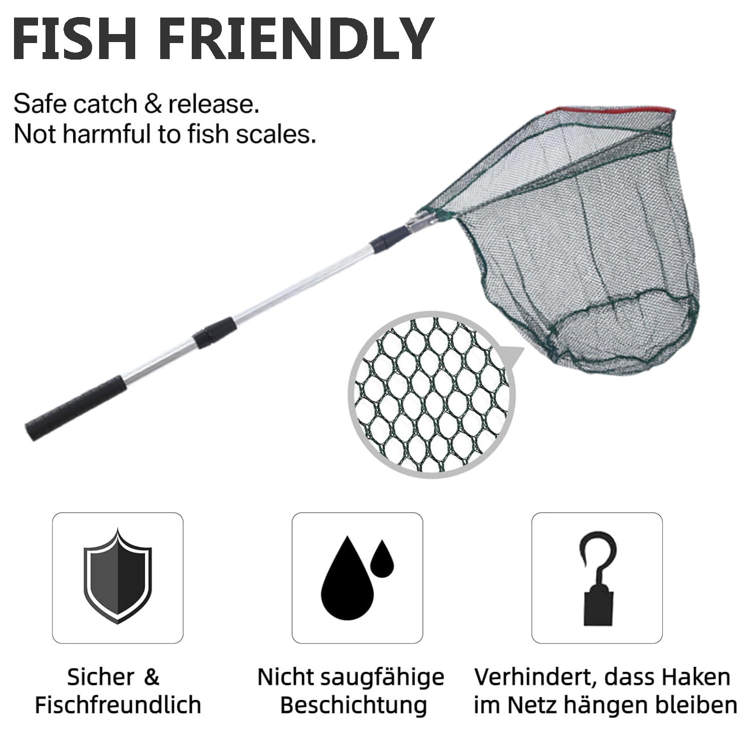 Épuisette de pêche Pliable de 130 cm - Cadre Triangulaire Stable - Épuisette de pêcher caoutchoutée pour étang, ruisseaux, Lacs et pêches en Bateau - Accessoire de pêche d'extérieur pour Adultes et