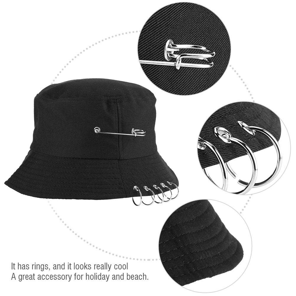 Chic Unisex Bucket Hat Sunhat Five Ring Safety Pin Piercing