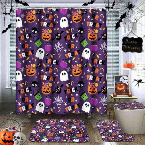 Tayney Bathroom Sets with Shower Curtain and Rug, 4 Pcs, Halloween