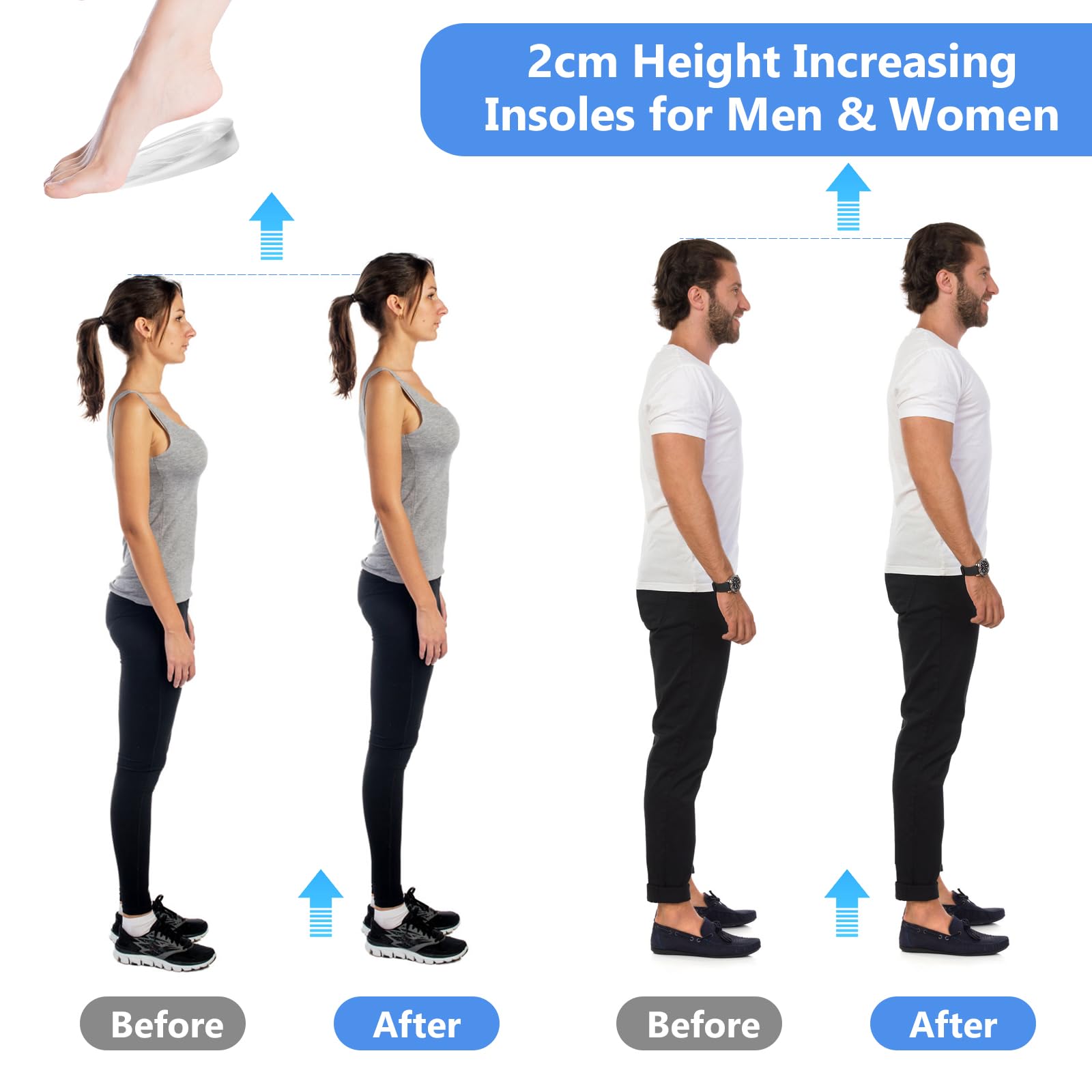 6 Pcs Plantillas Altura Hombre y Mujer, 2 cmPlantillas de Gel de Silicona para Talón, Plantillas para Zapatos Aumentar la Altura, Soporte y Amortiguación de Impactos (2 cm)
